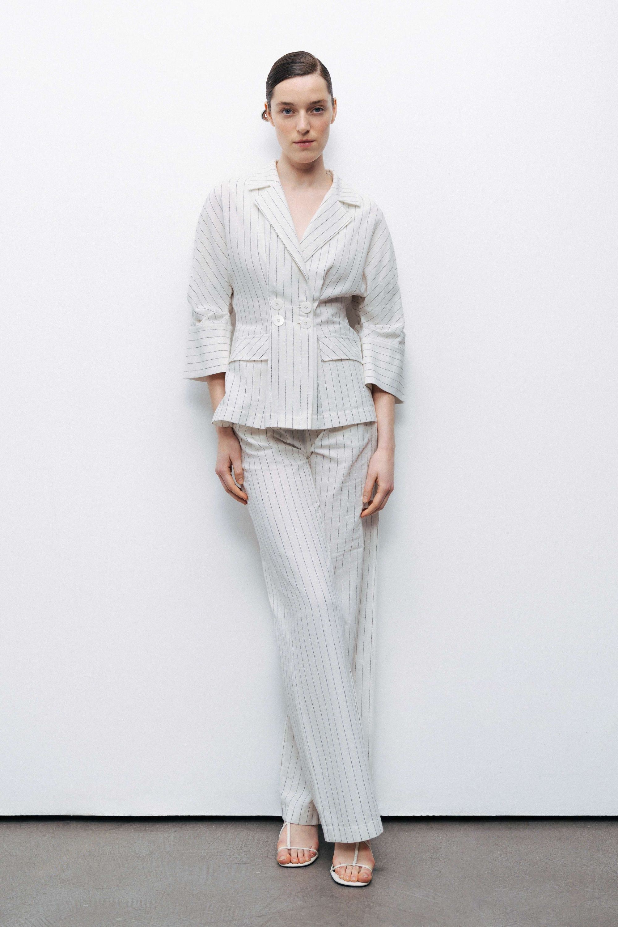 Linen Blend Ecru Striped High Waist Pants