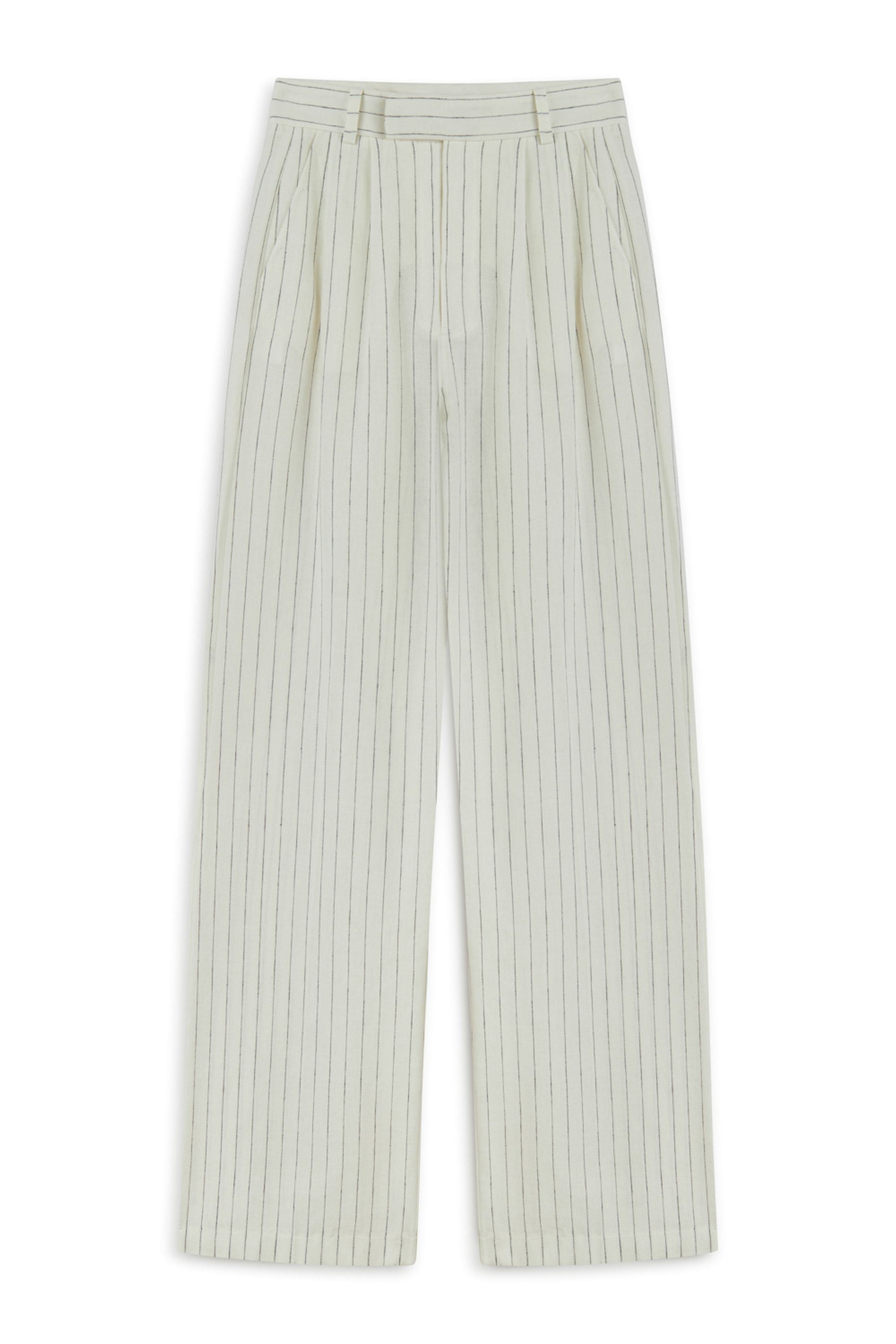 Linen Blend Ecru Striped High Waist Pants