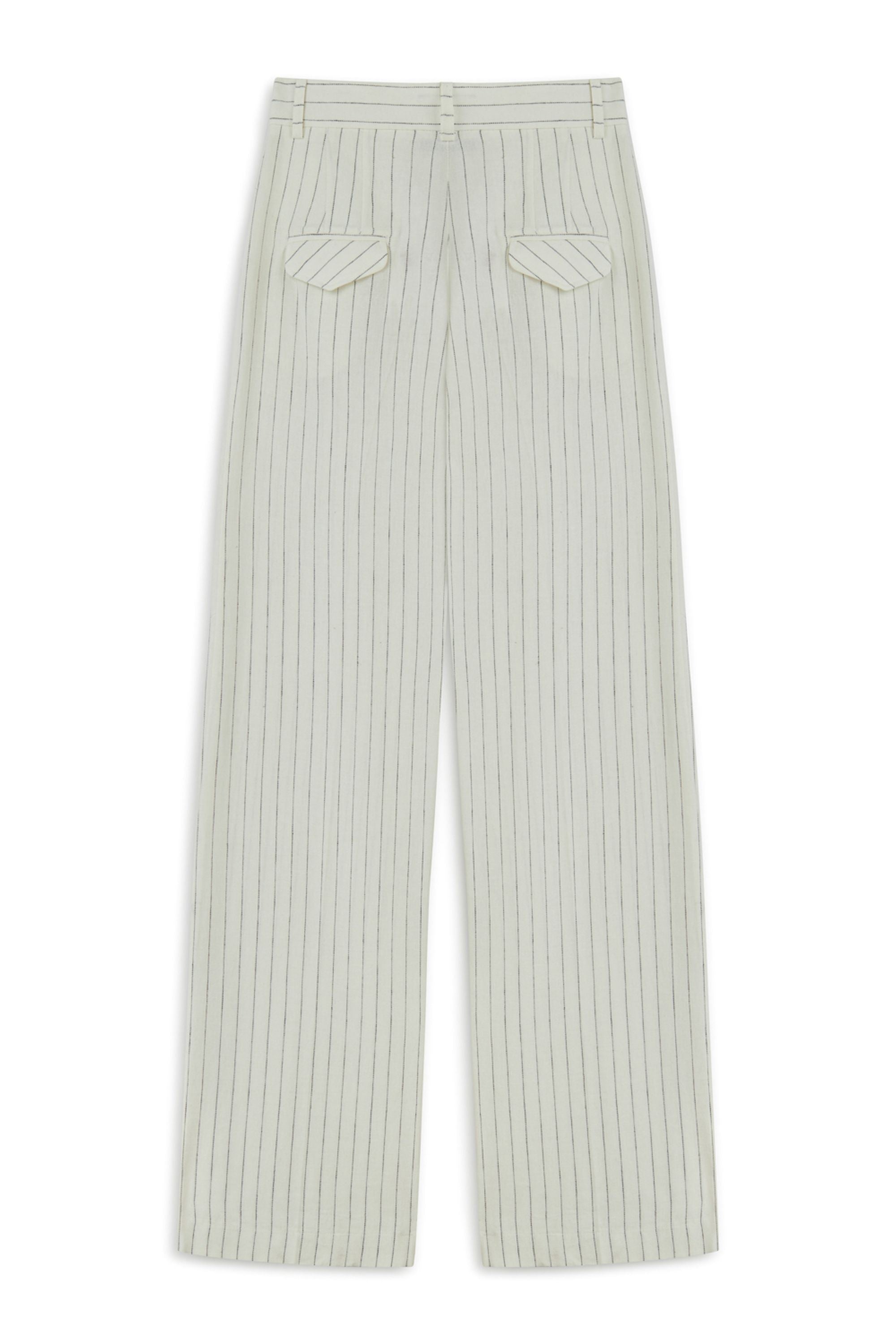 Linen Blend Ecru Striped High Waist Pants