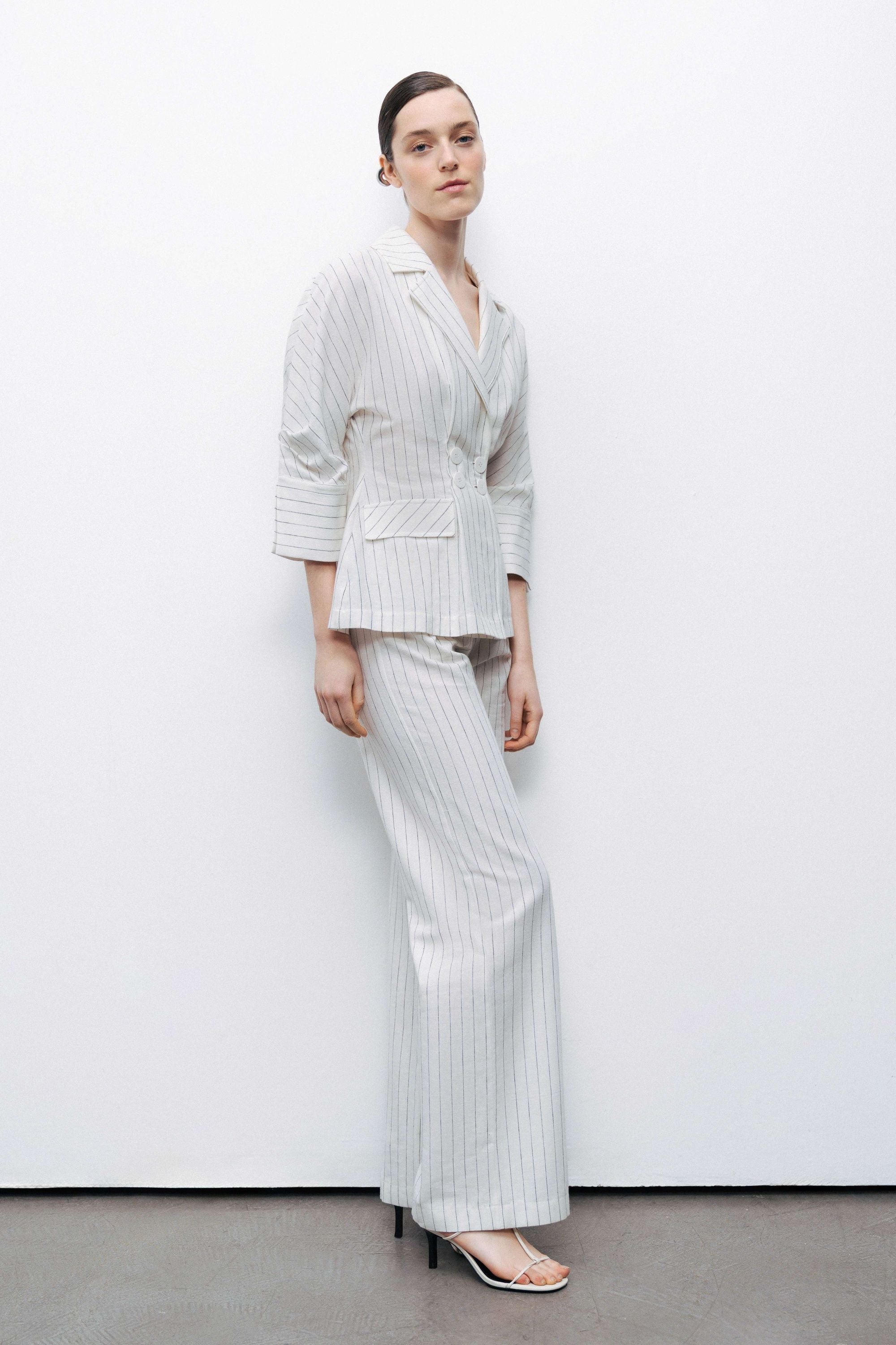 Linen Blend Ecru Striped High Waist Pants