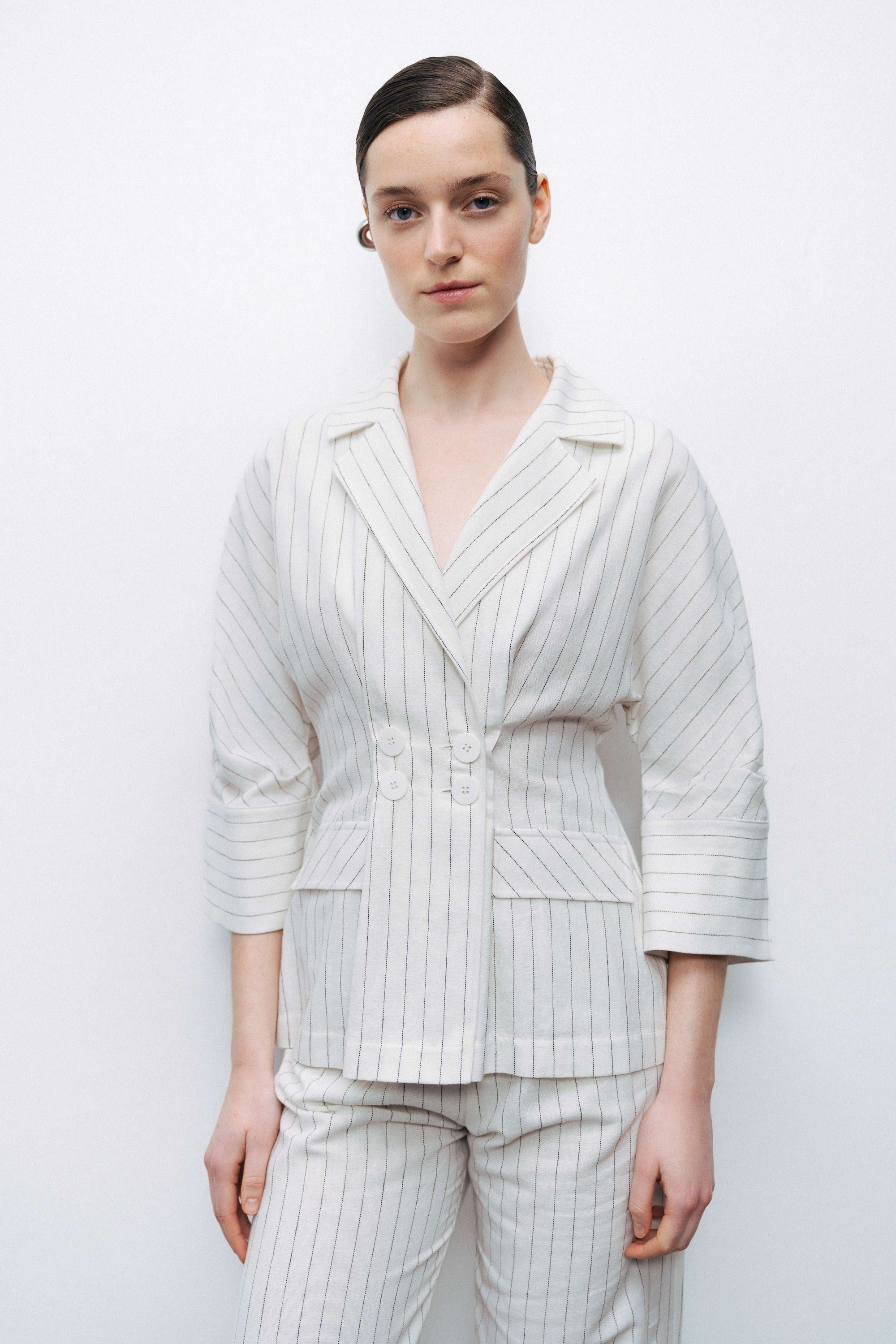 Linen Blend Ecru Striped High Waist Pants