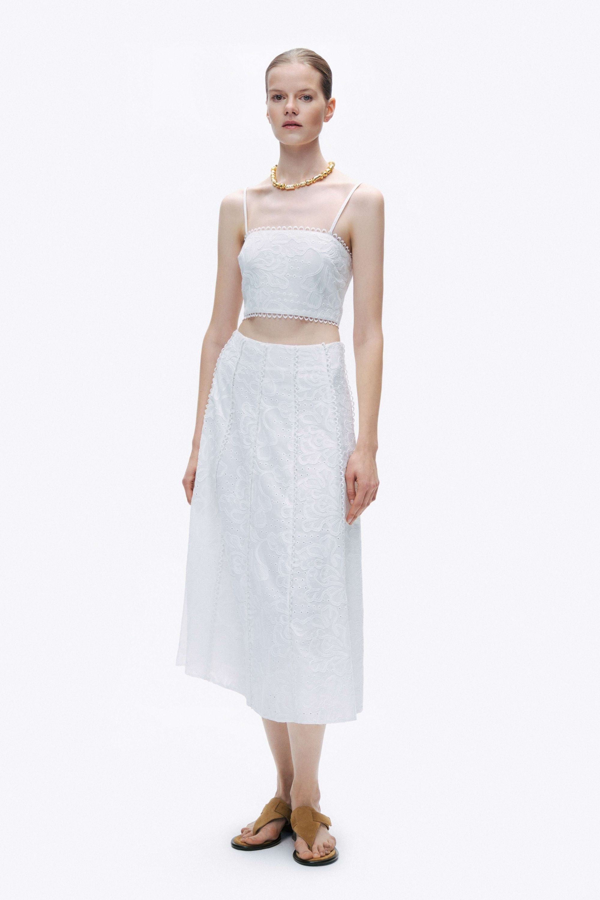 Ecru Embroidery Detail Midi Skirt