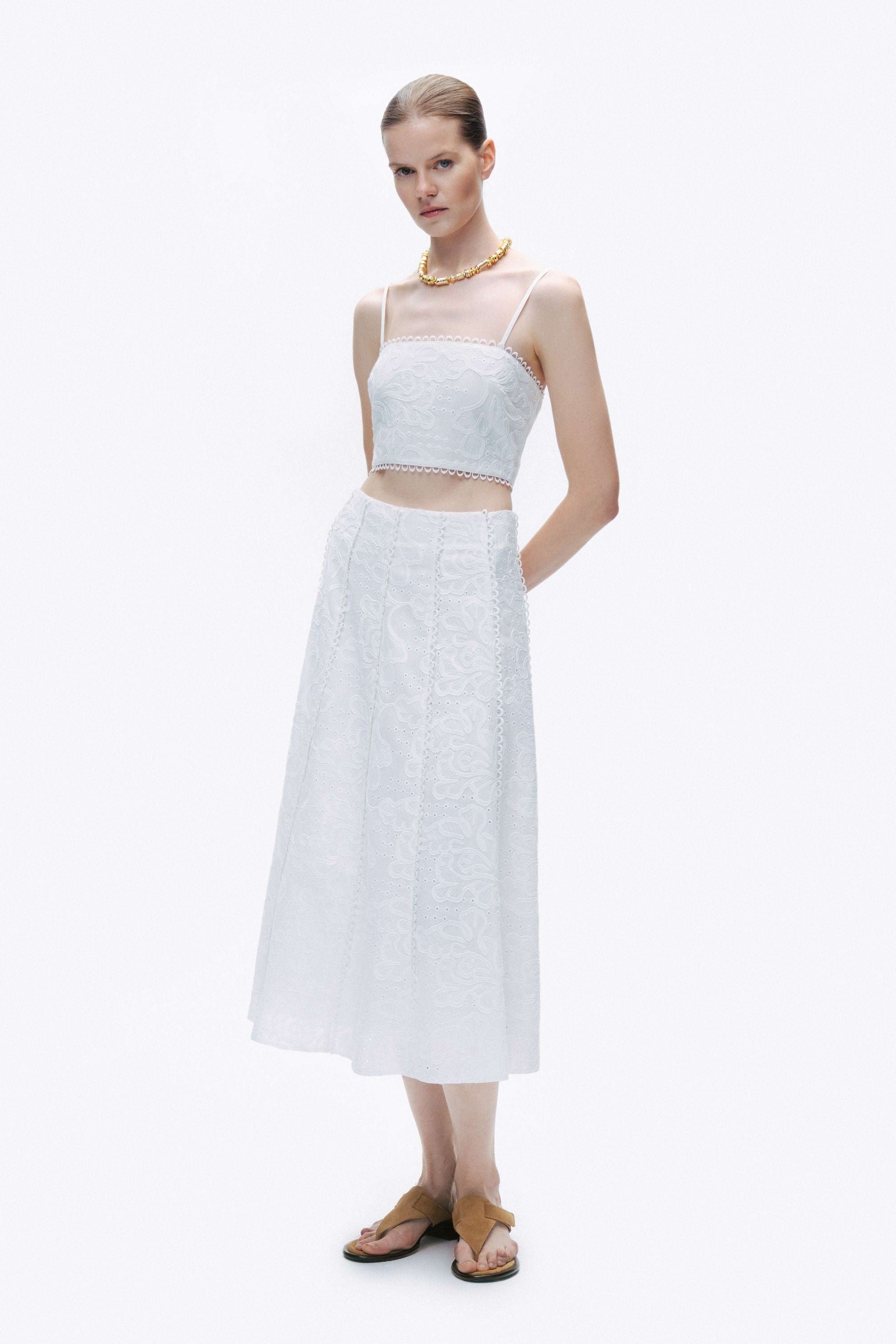 Ecru Embroidery Detail Midi Skirt