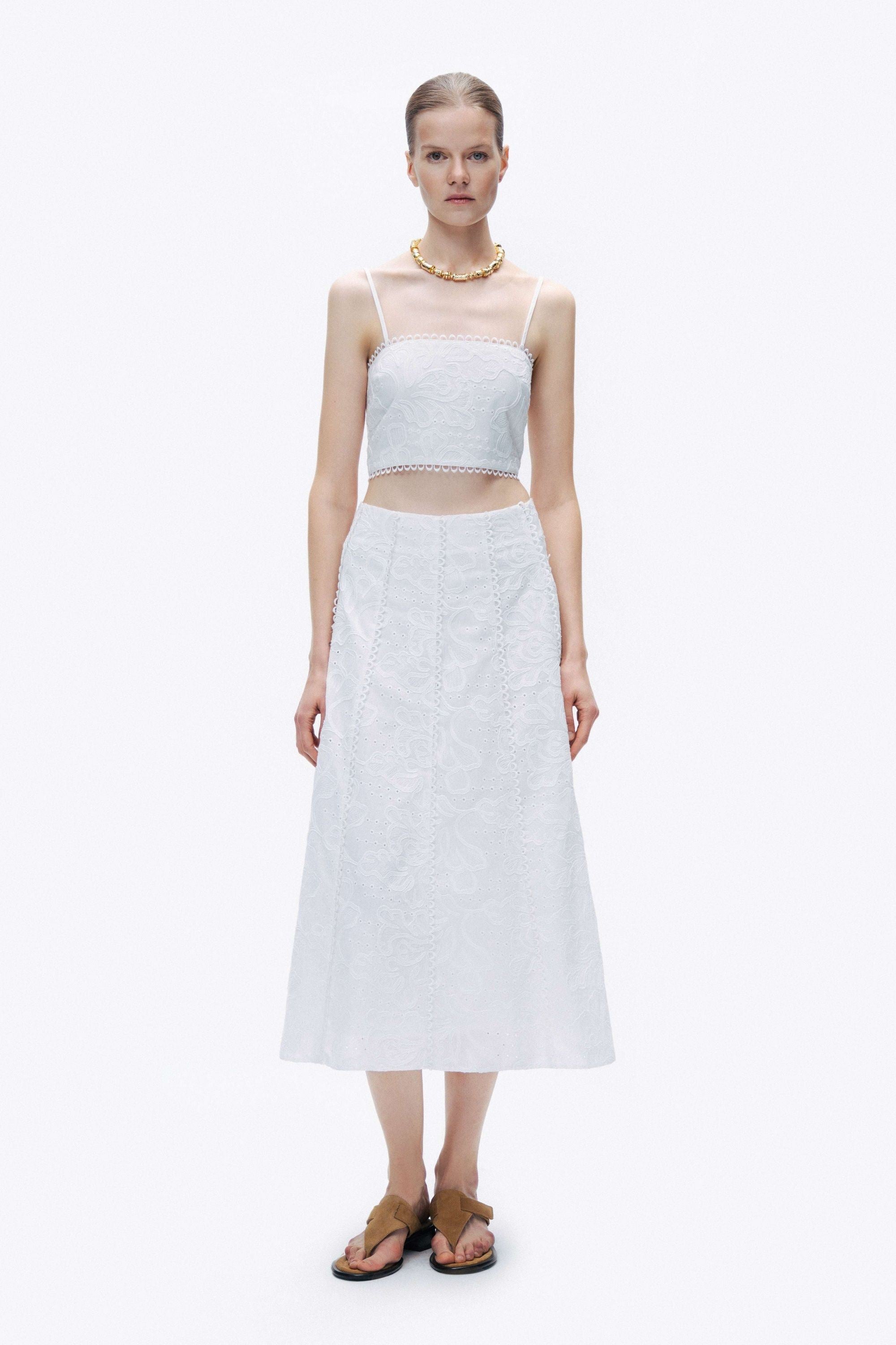 Ecru Embroidery Detail Midi Skirt