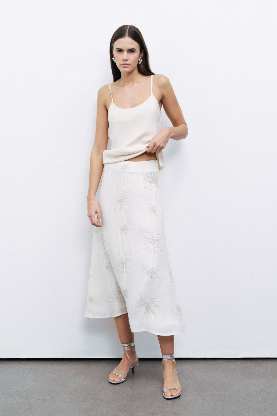 Ecru Beaded Embroidered Midi Skirt