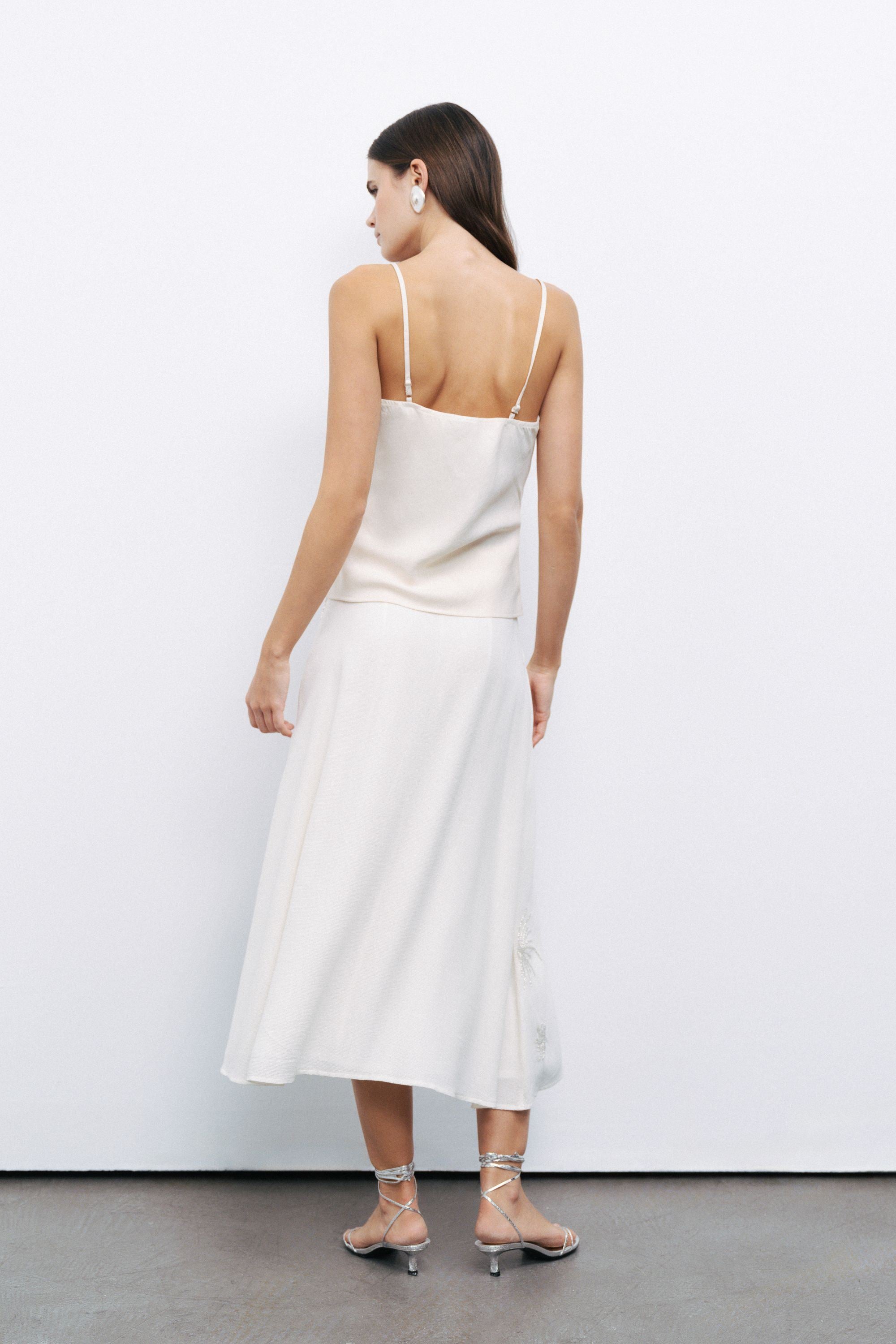 Ecru Beaded Embroidered Midi Skirt