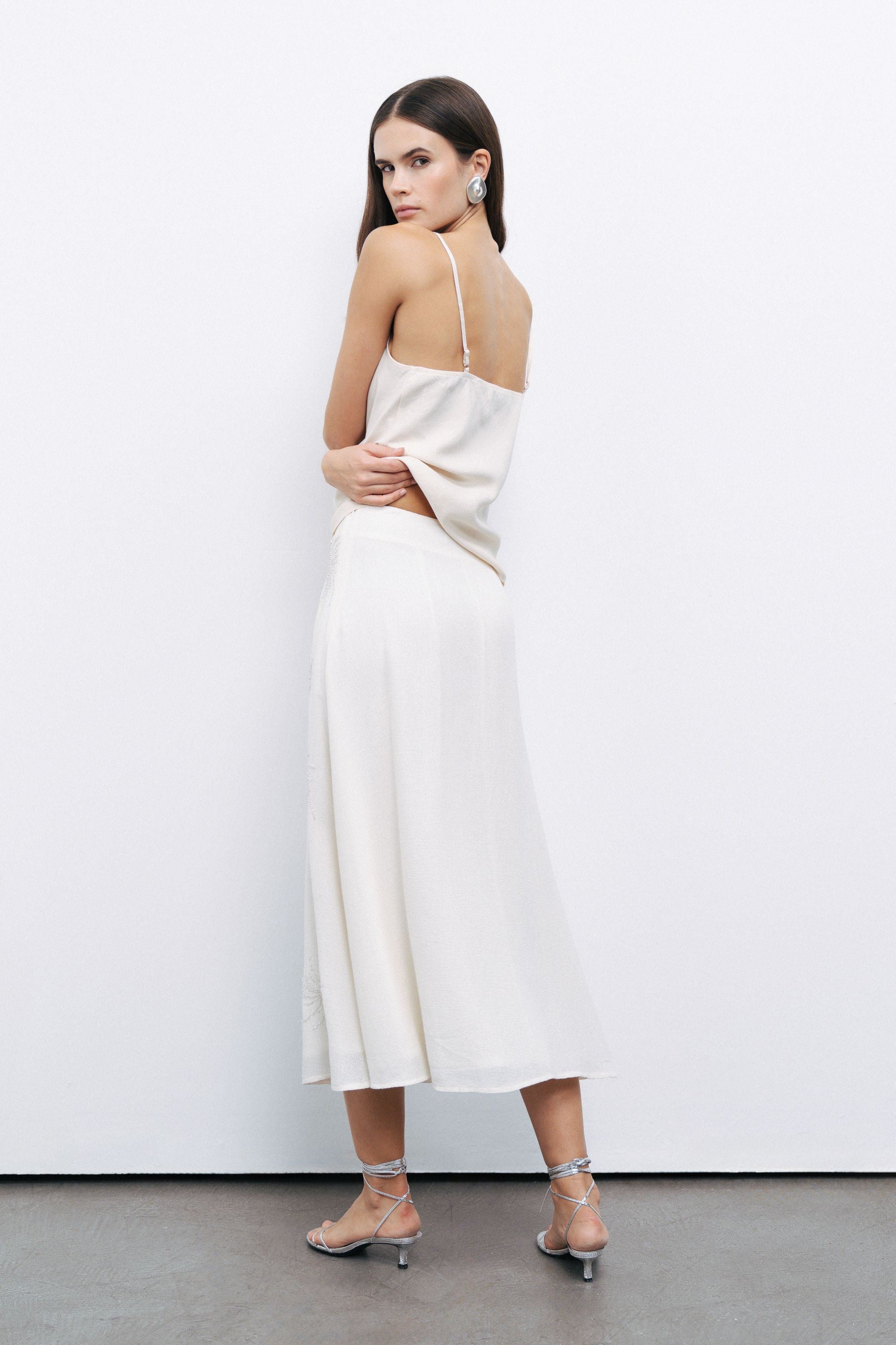 Ecru Beaded Embroidered Midi Skirt