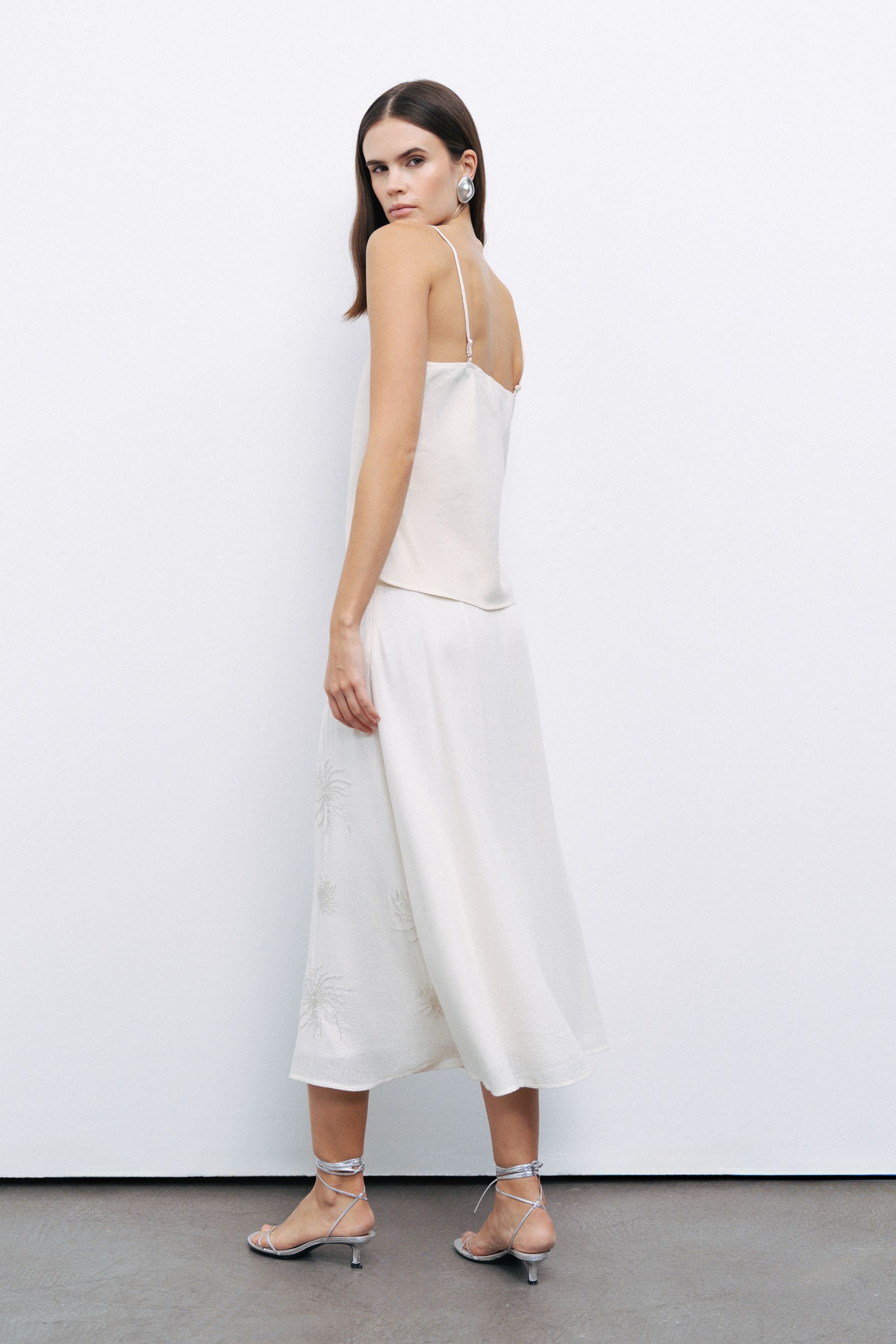 Ecru Beaded Embroidered Midi Skirt