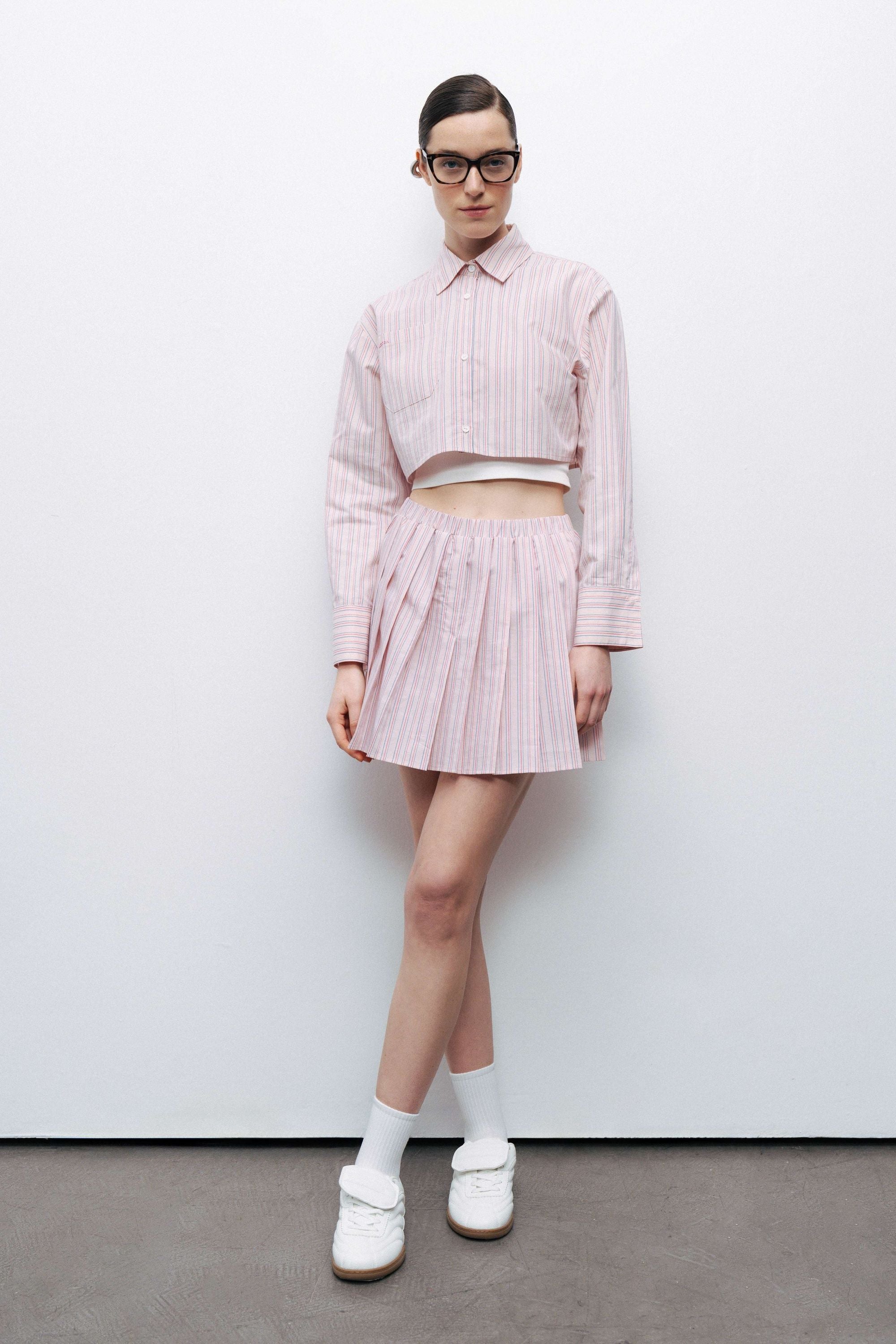 Pink Striped Pleated Mini Skirt