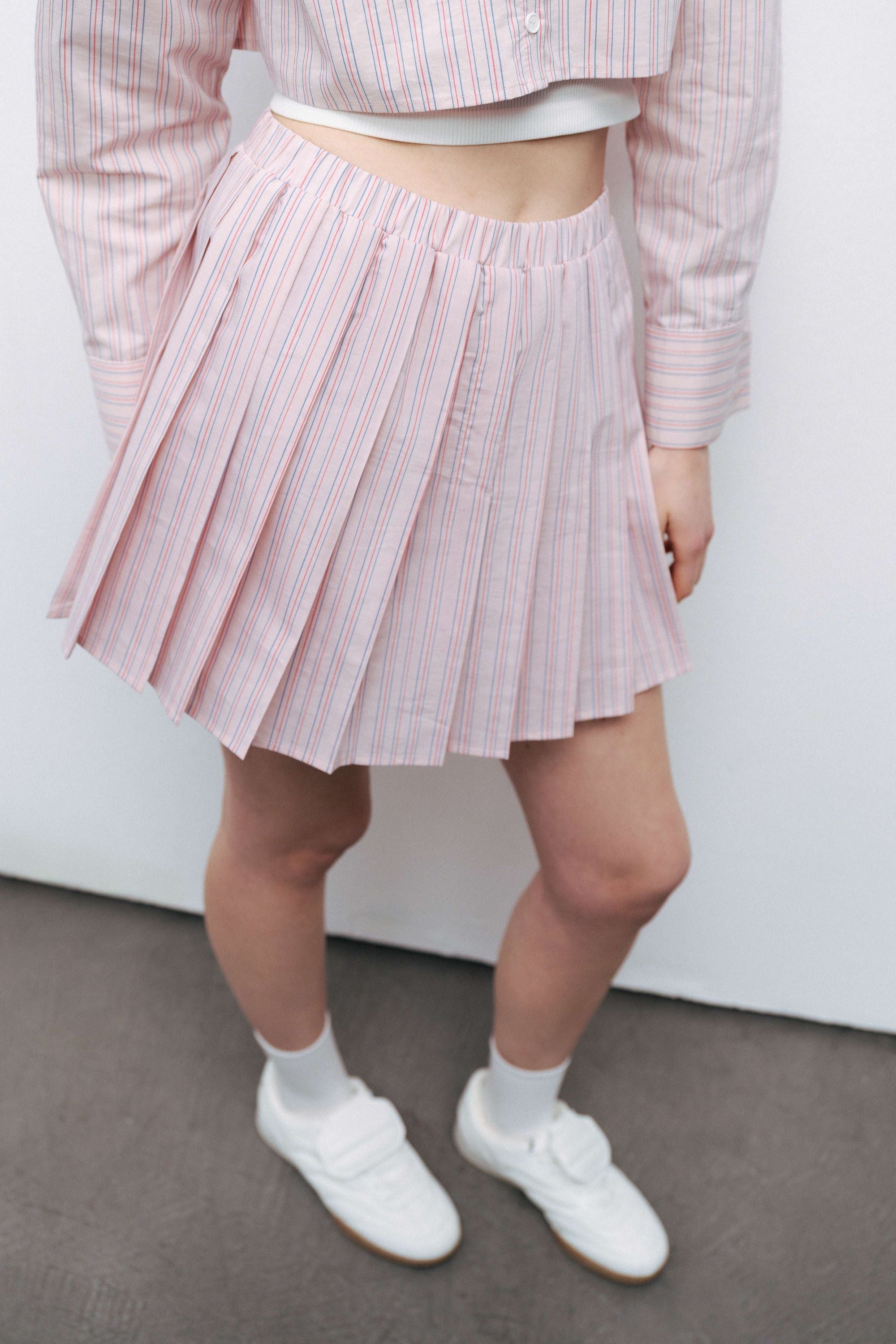 Pink Striped Pleated Mini Skirt