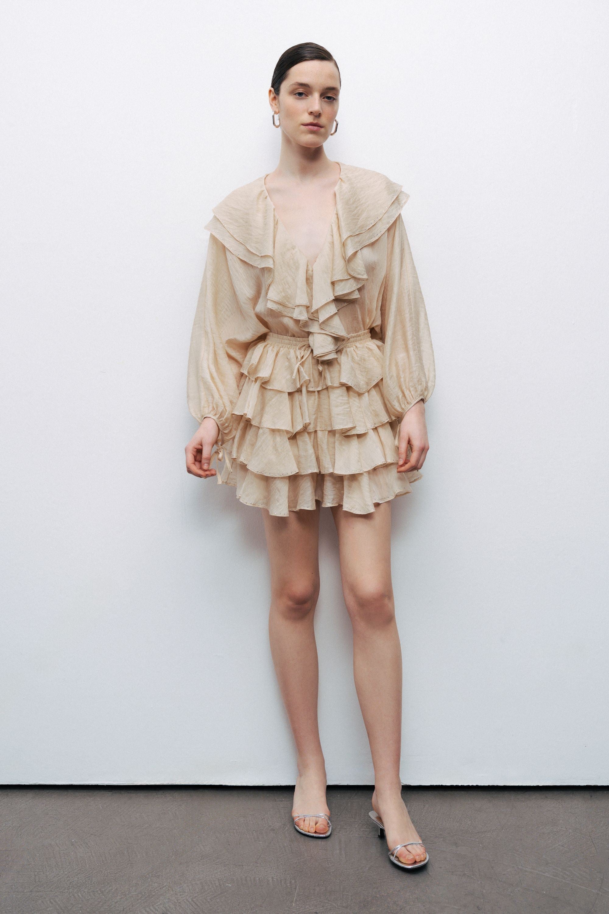 Beige Frilled Mini Skirt