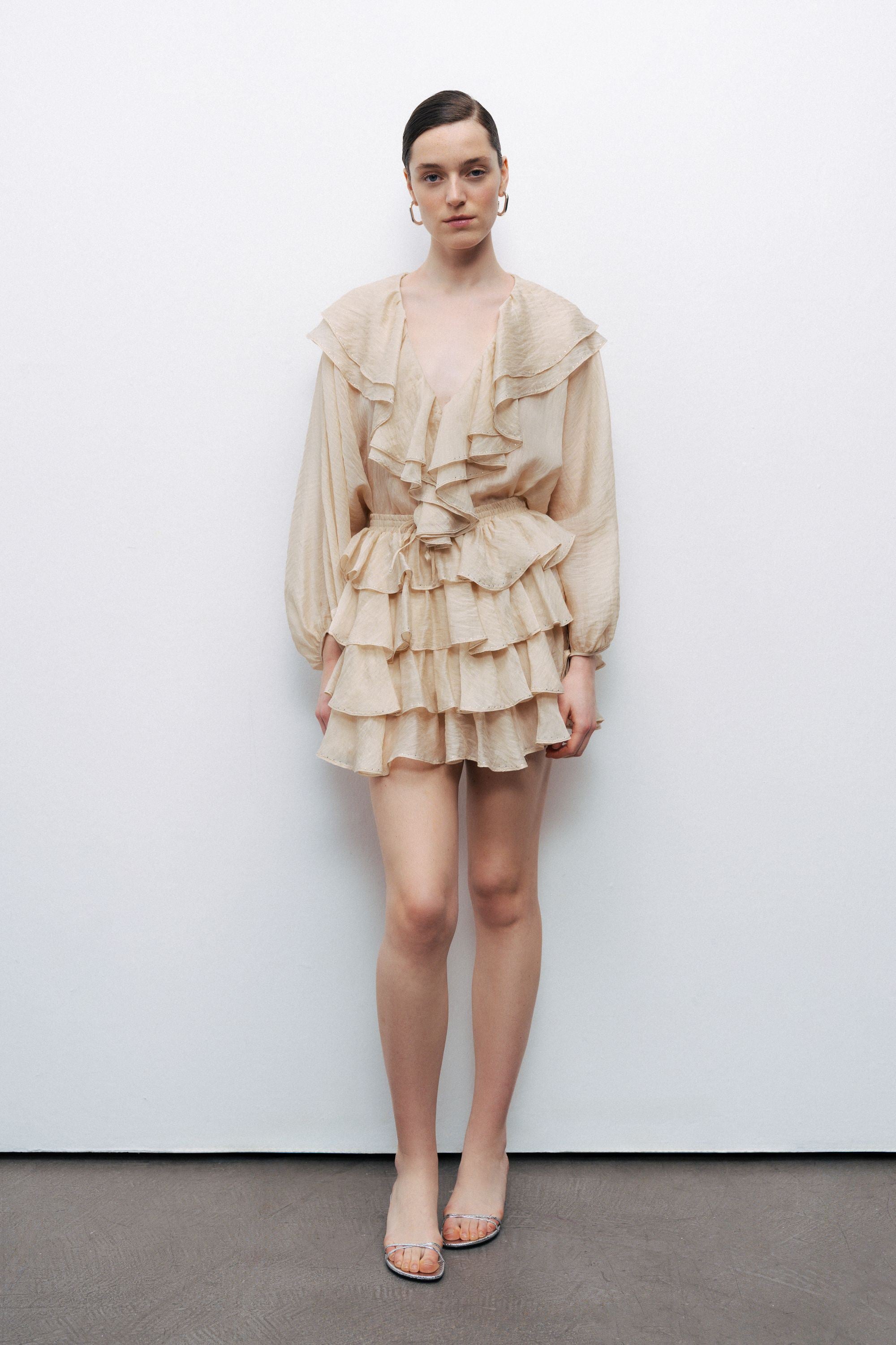 Beige Frilled Mini Skirt
