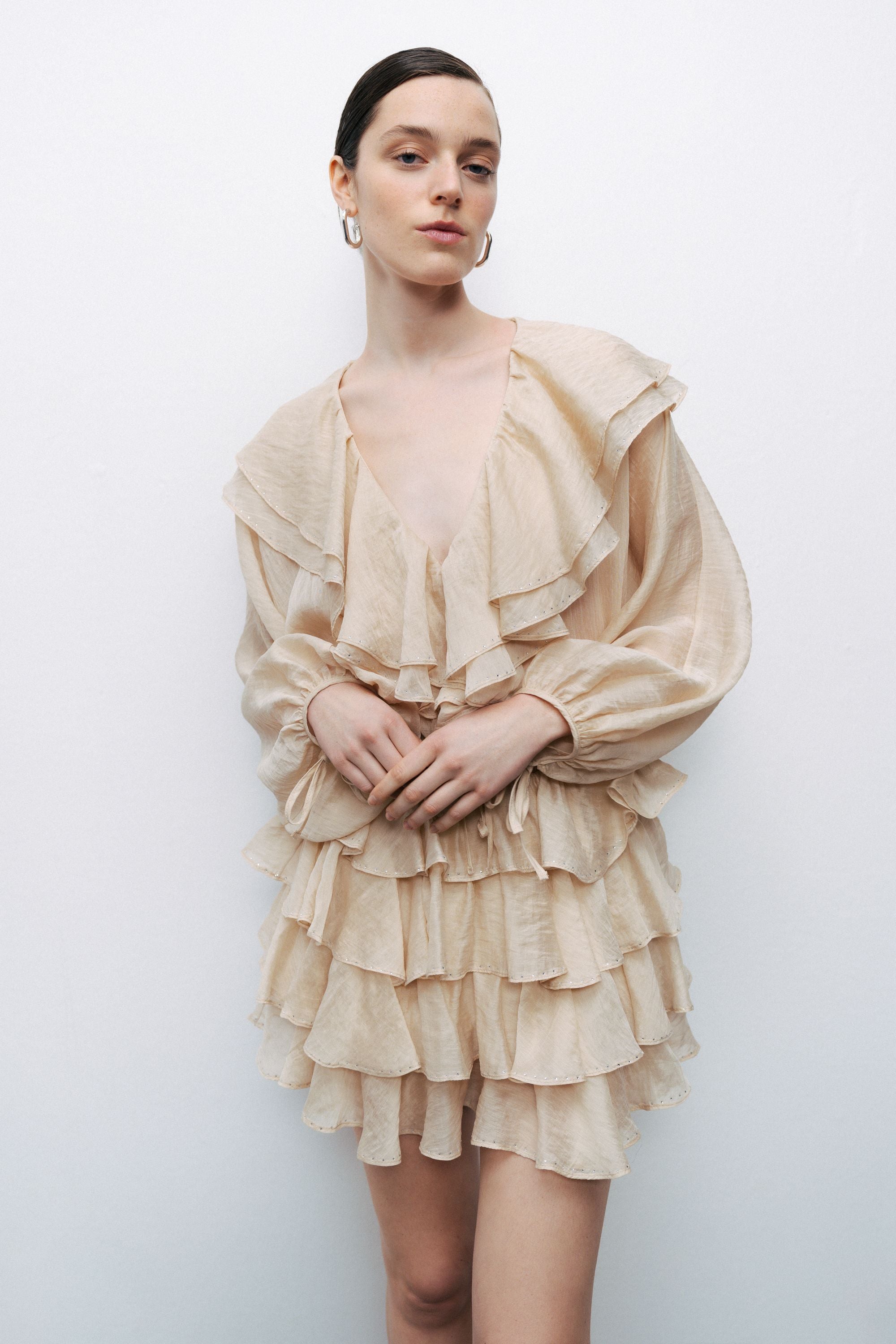 Beige Frilled Mini Skirt