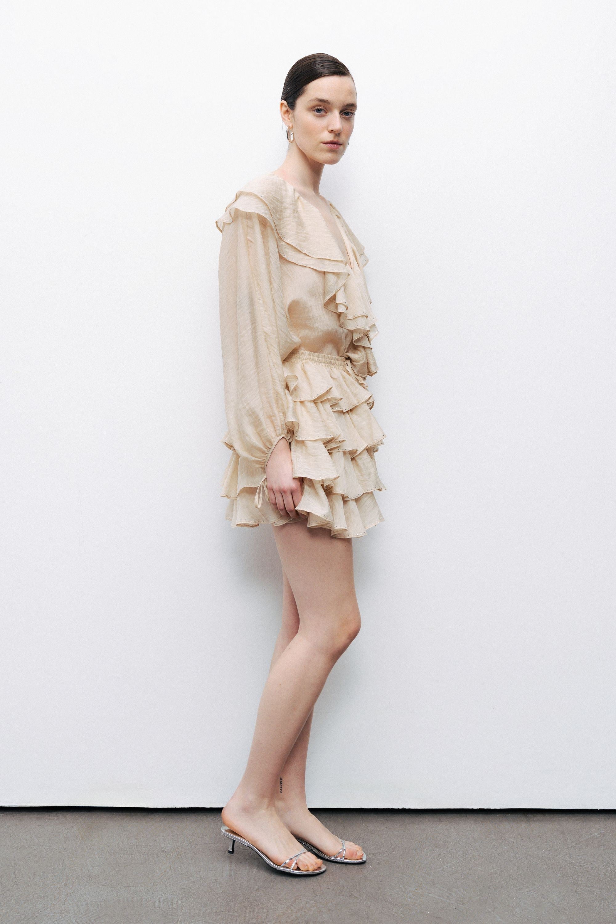 Beige Frilled Mini Skirt