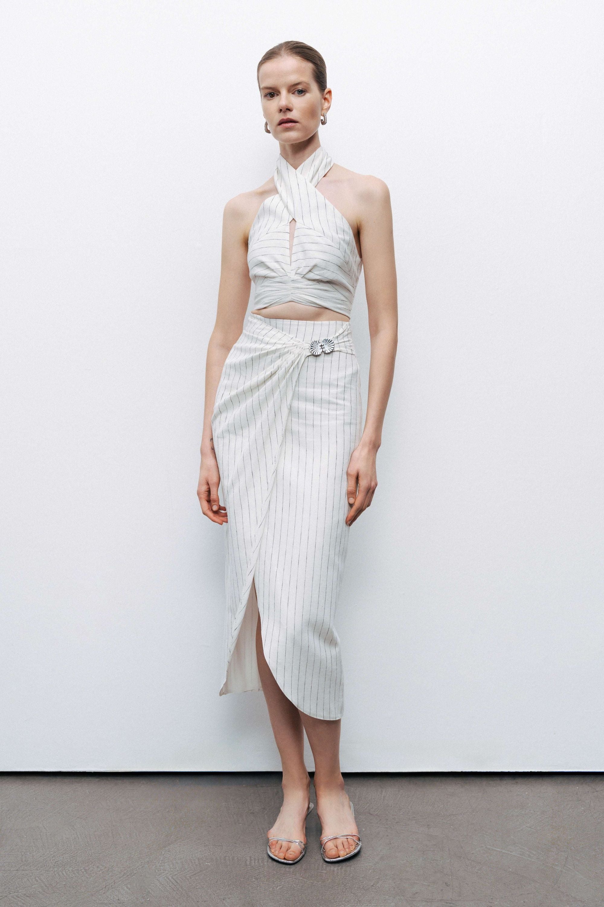 Striped Linen Blend Midi Skirt with Metal Accessories