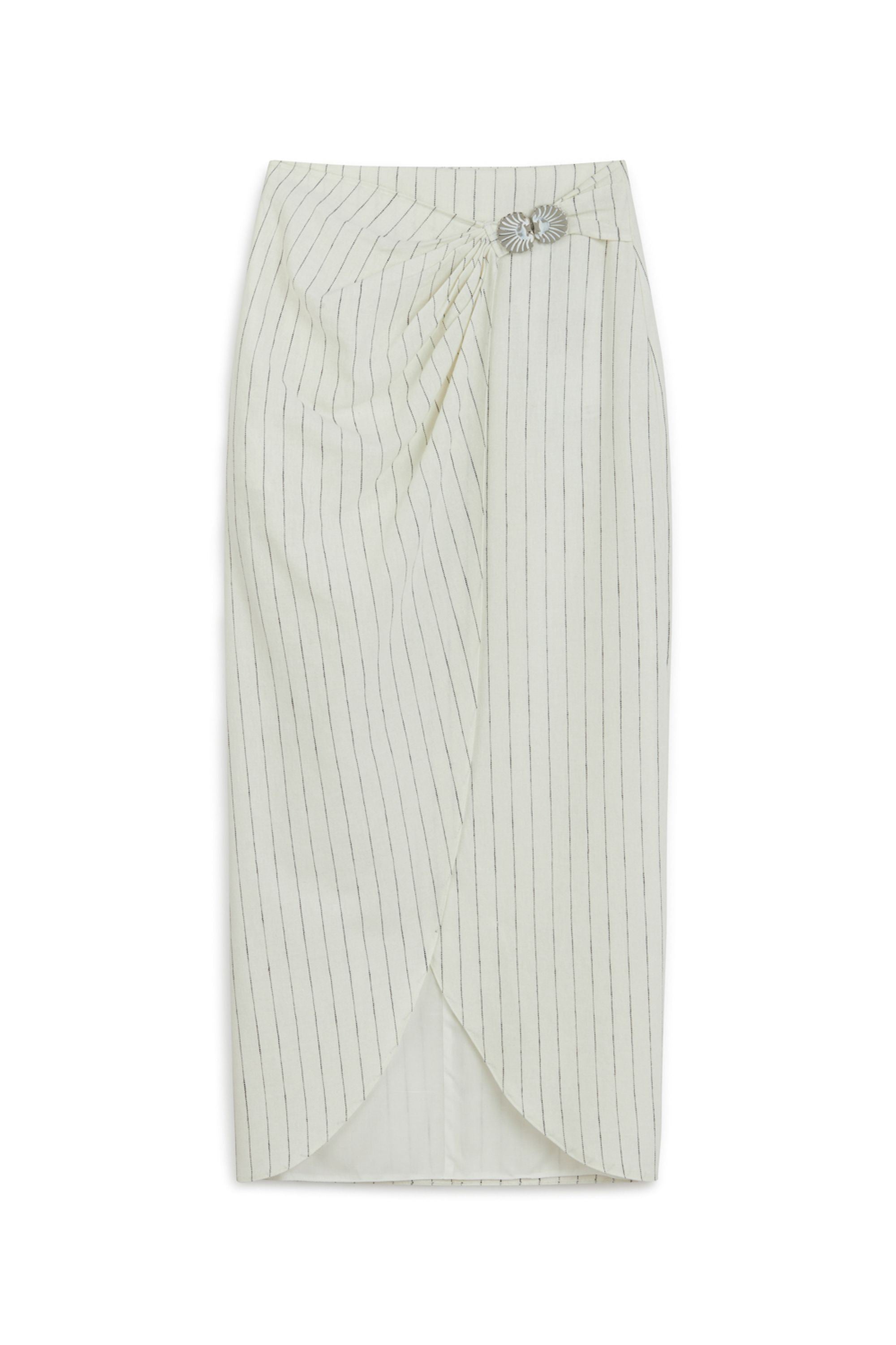 Striped Linen Blend Midi Skirt with Metal Accessories