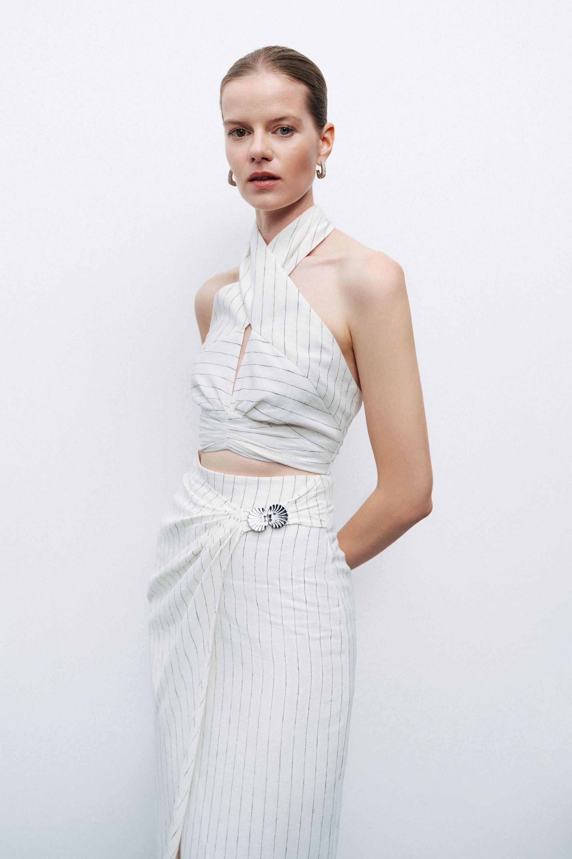 Striped Linen Blend Midi Skirt with Metal Accessories