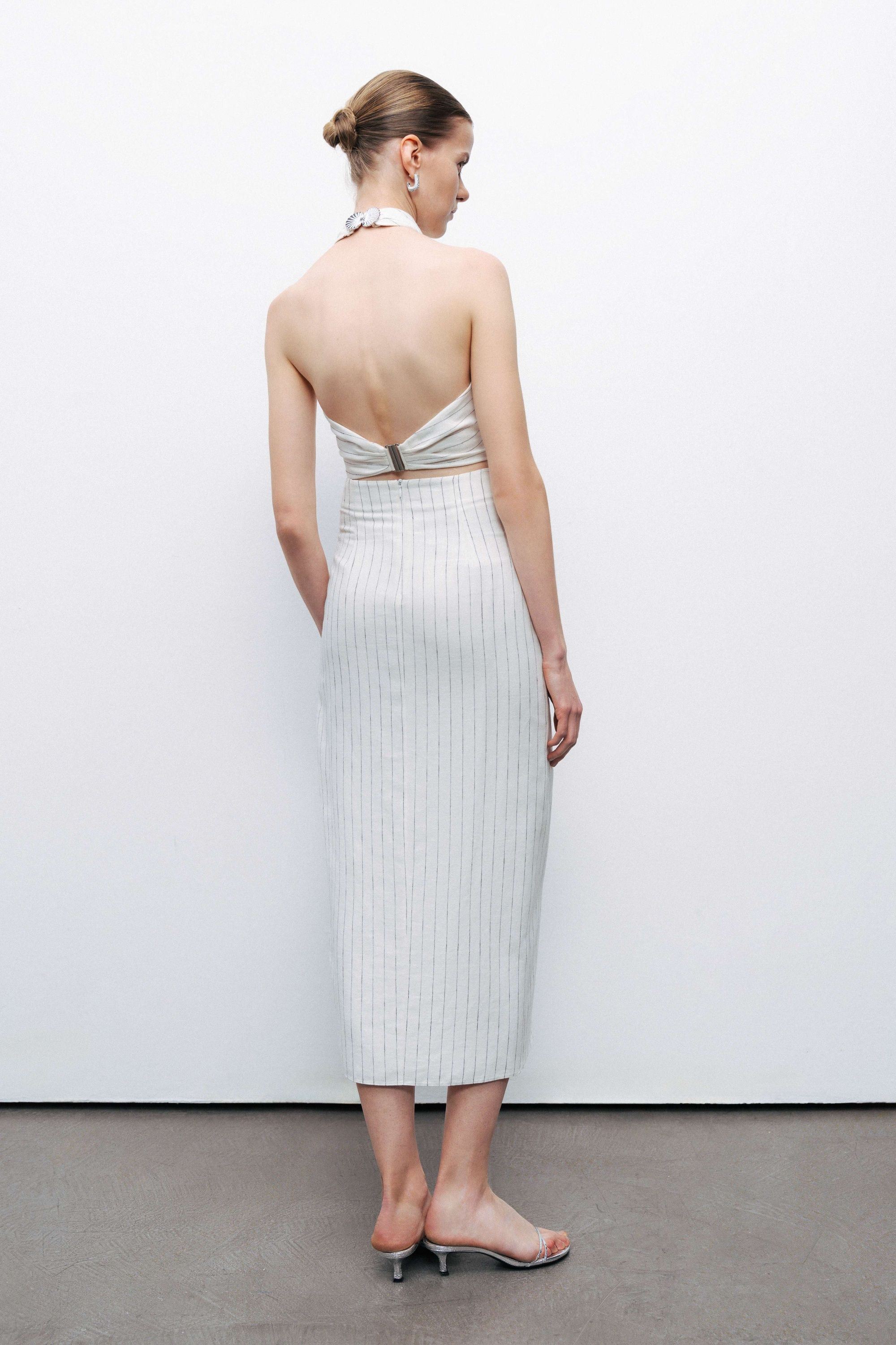 Striped Linen Blend Midi Skirt with Metal Accessories