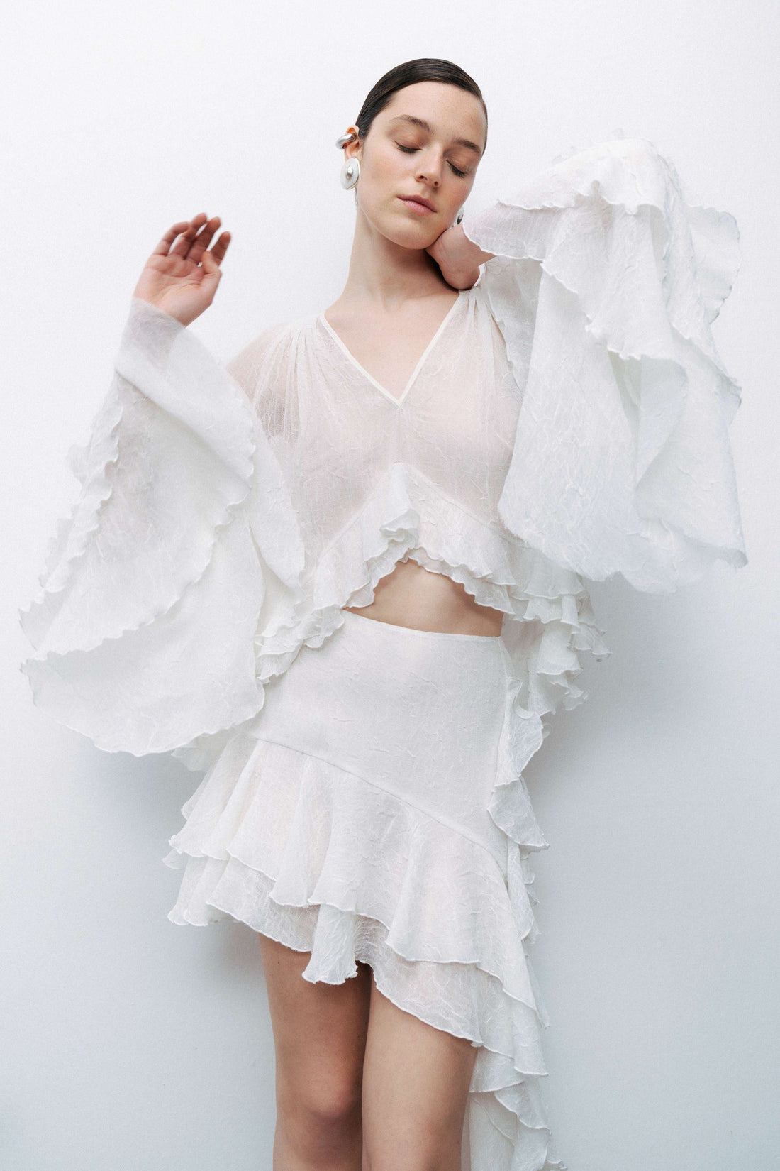 Ecru Ruffled Detail Asymmetric Mini Skirt