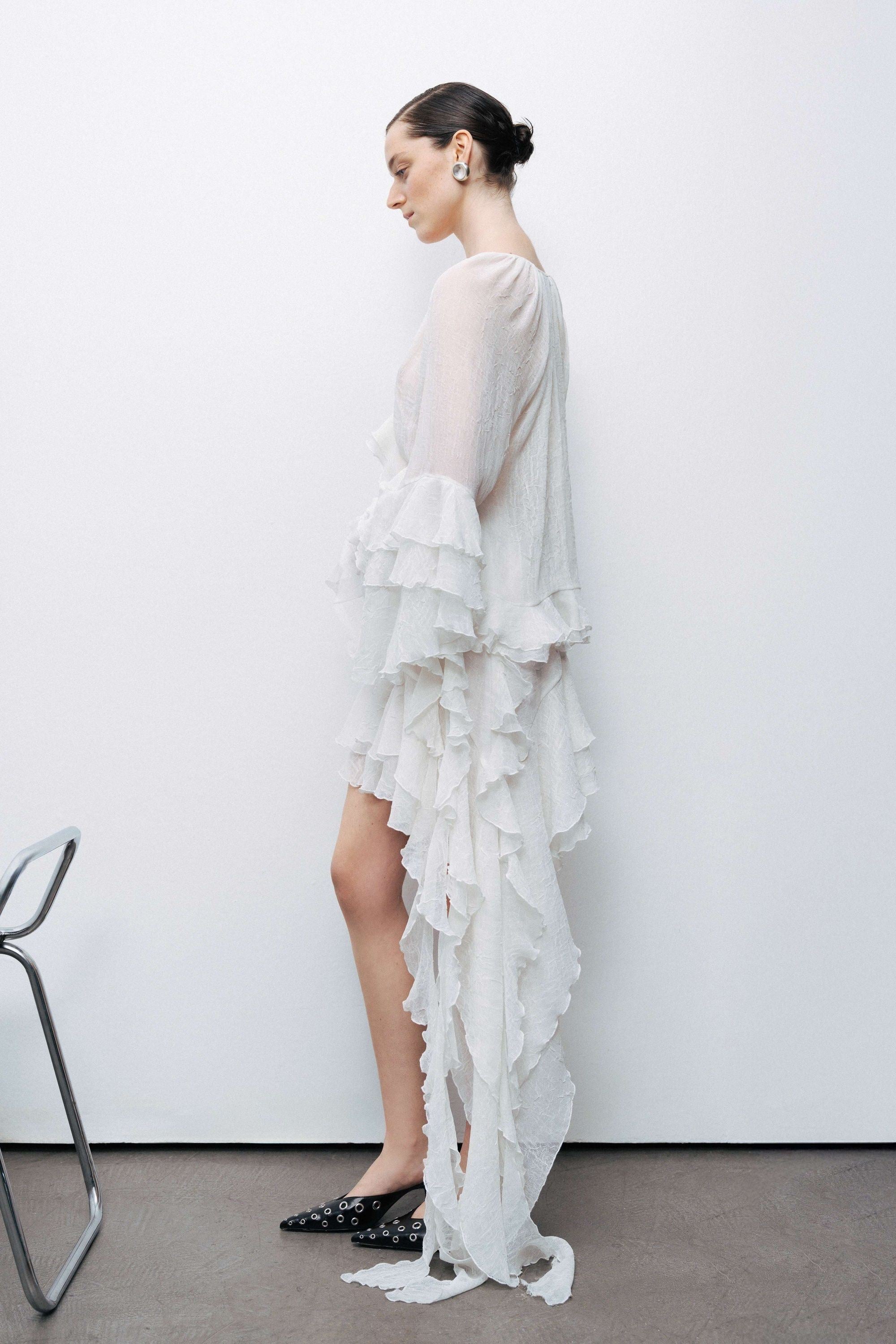 Ecru Ruffled Detail Asymmetric Mini Skirt