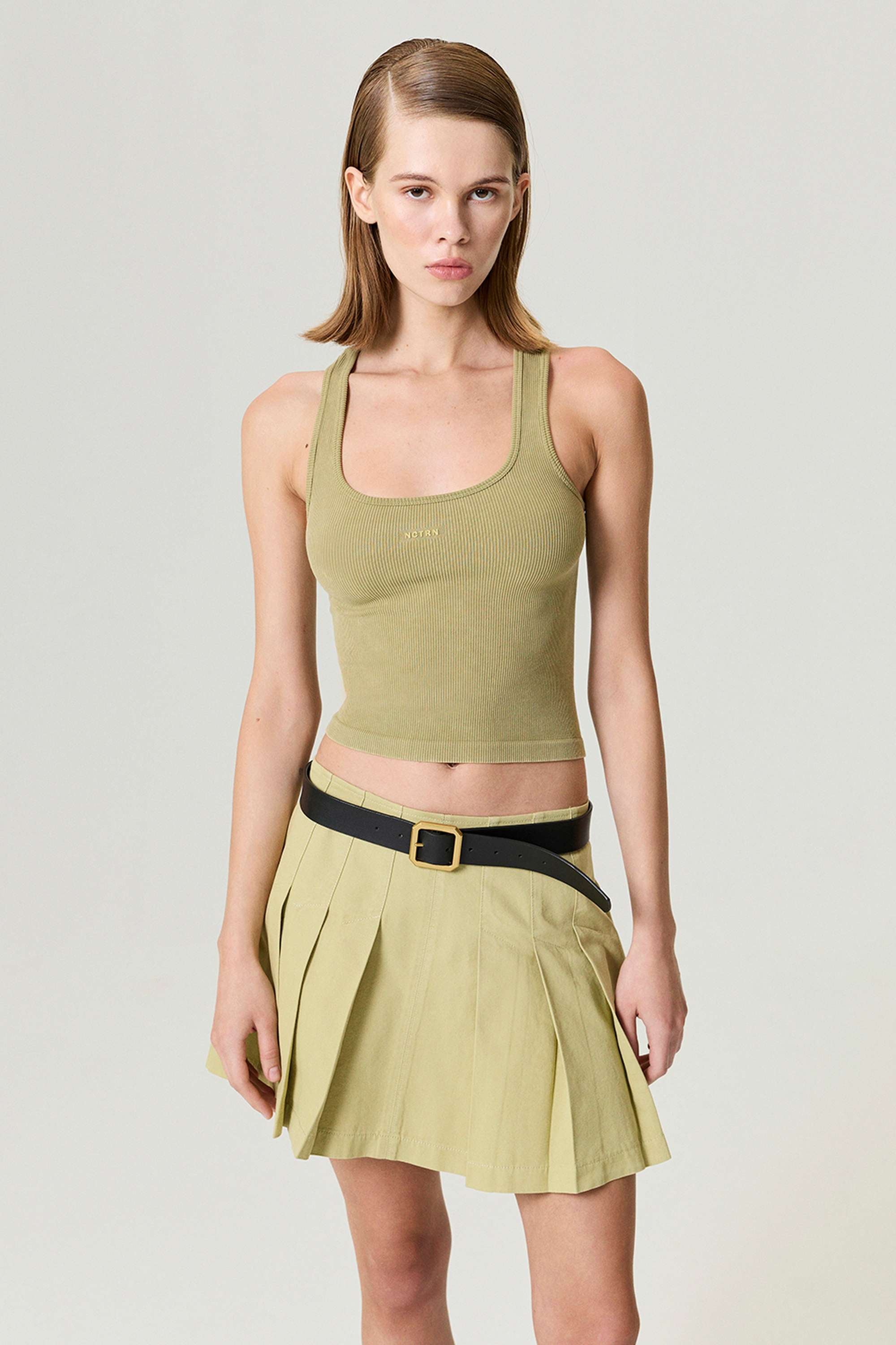 Olive Pleated Mini Skirt