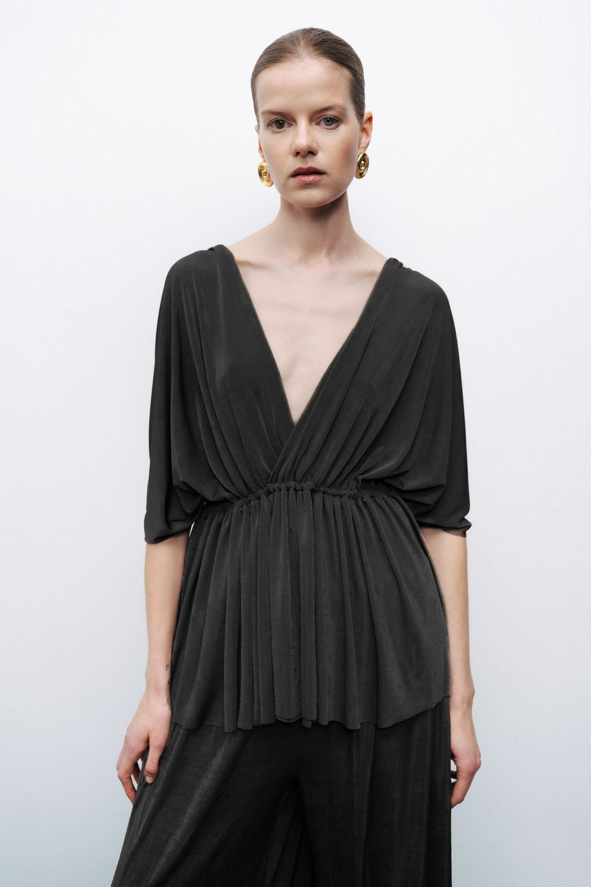 Black V-Neck Beaded Accessory Blouse