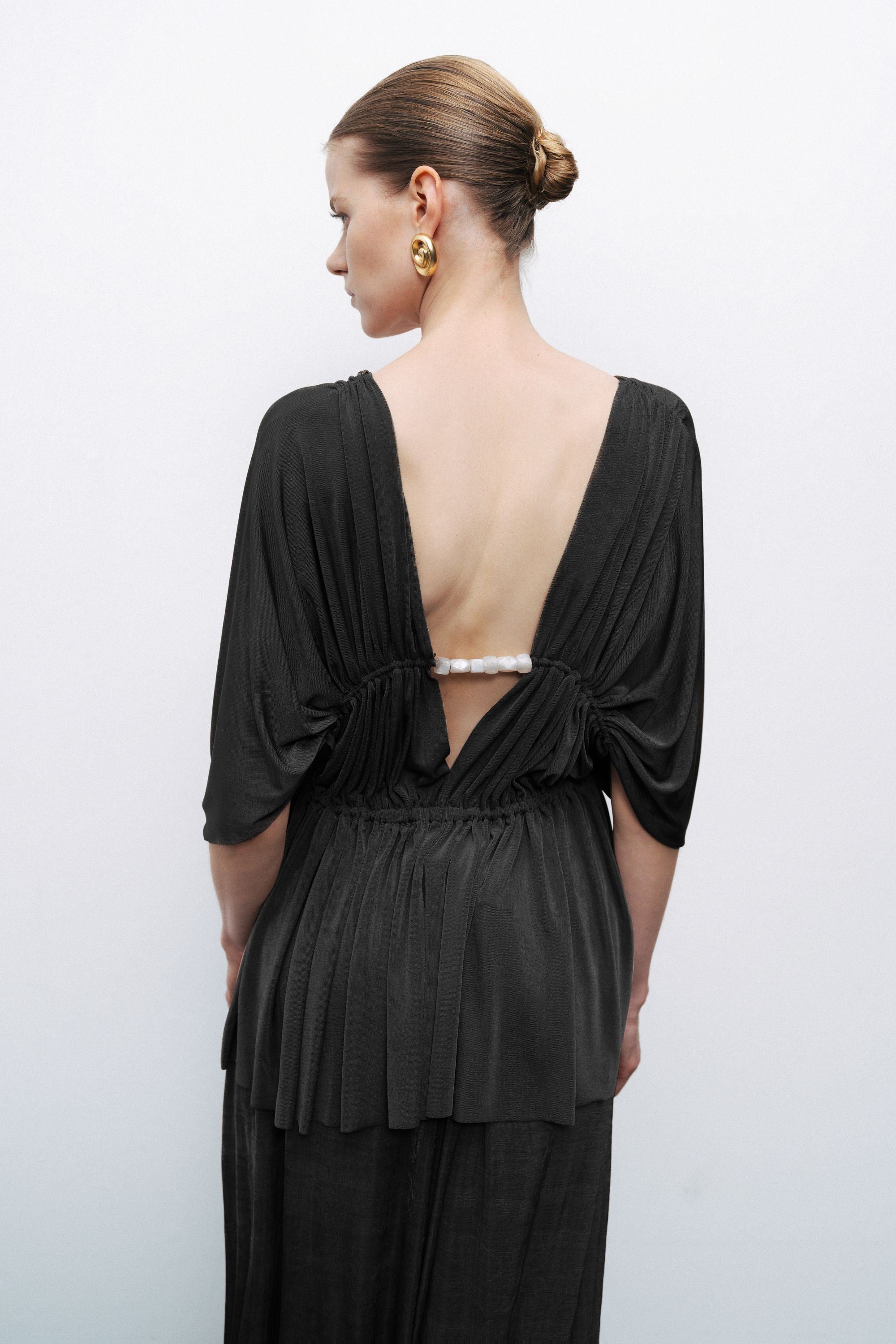 Black V-Neck Beaded Accessory Blouse