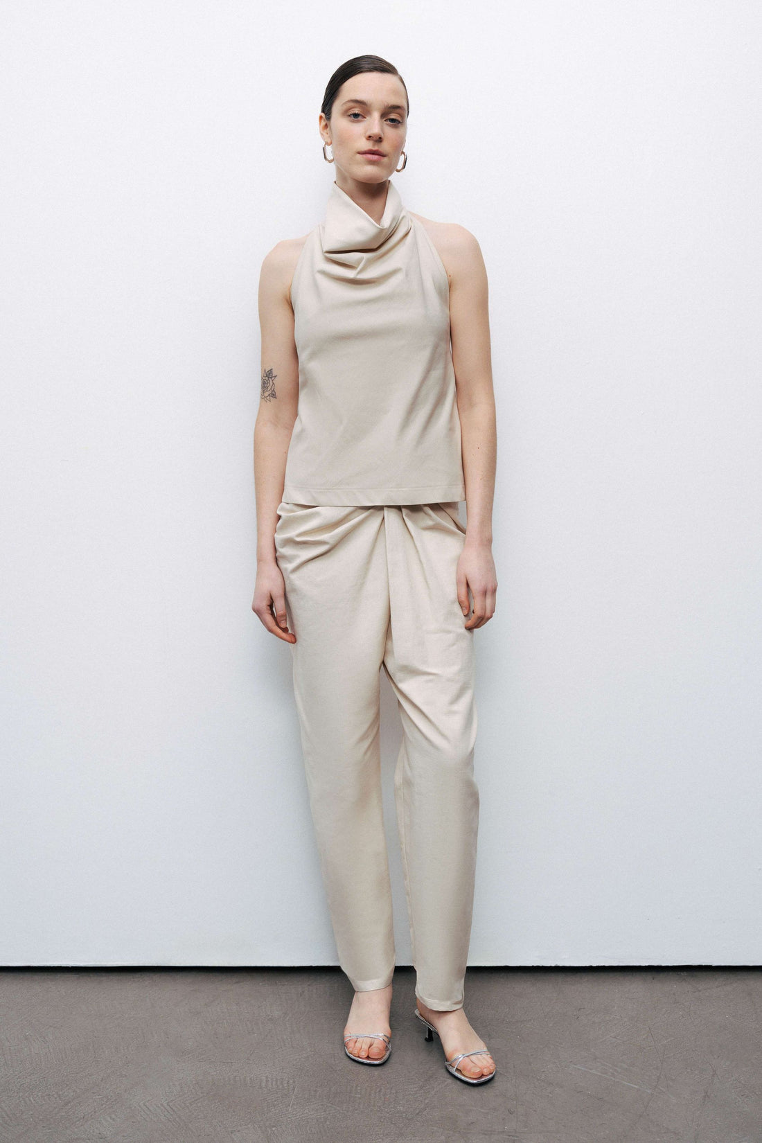 Beige Draped Neckline Open Back Detailed Blouse