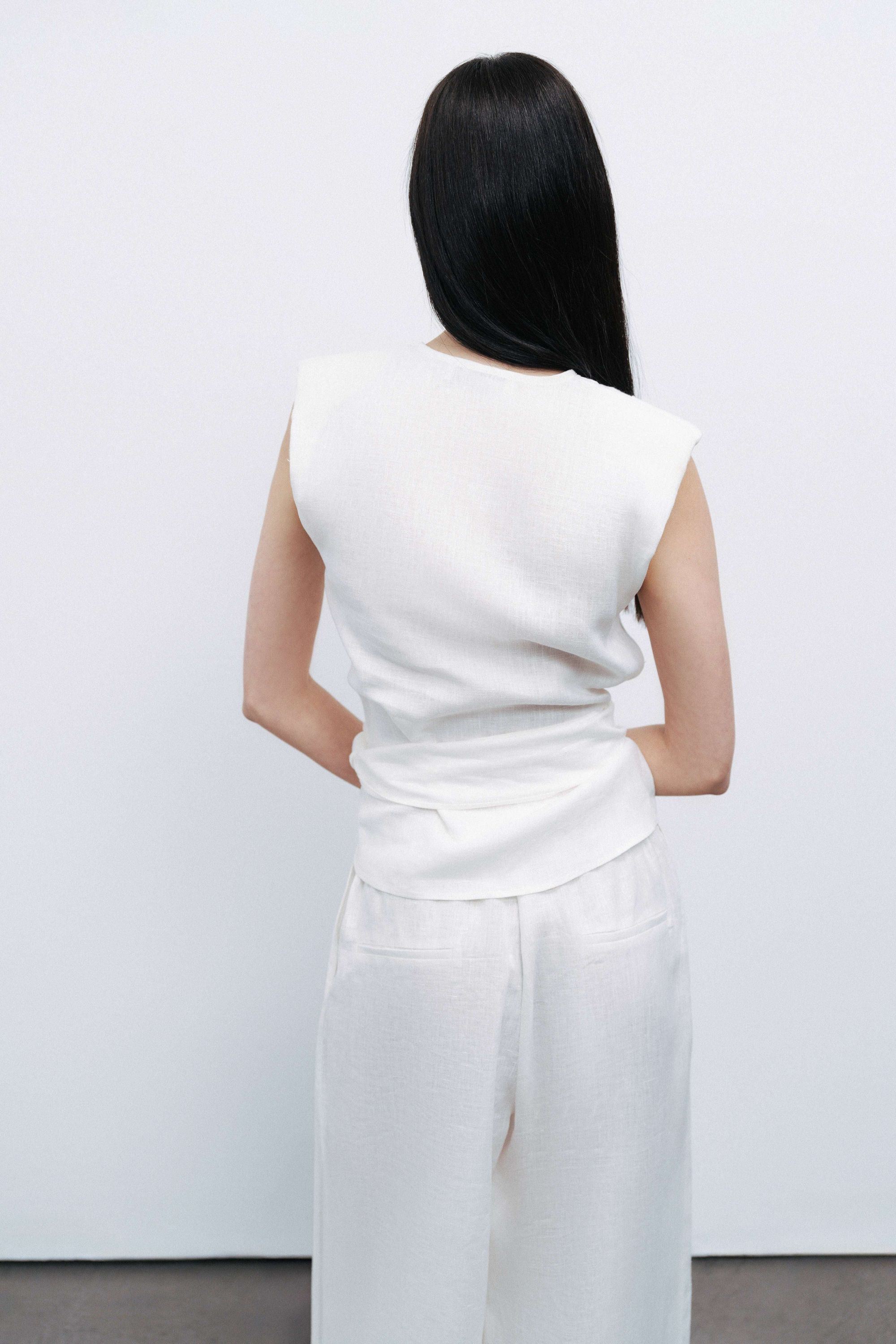 Ecru Linen Waist Accessory Detailed Blouse