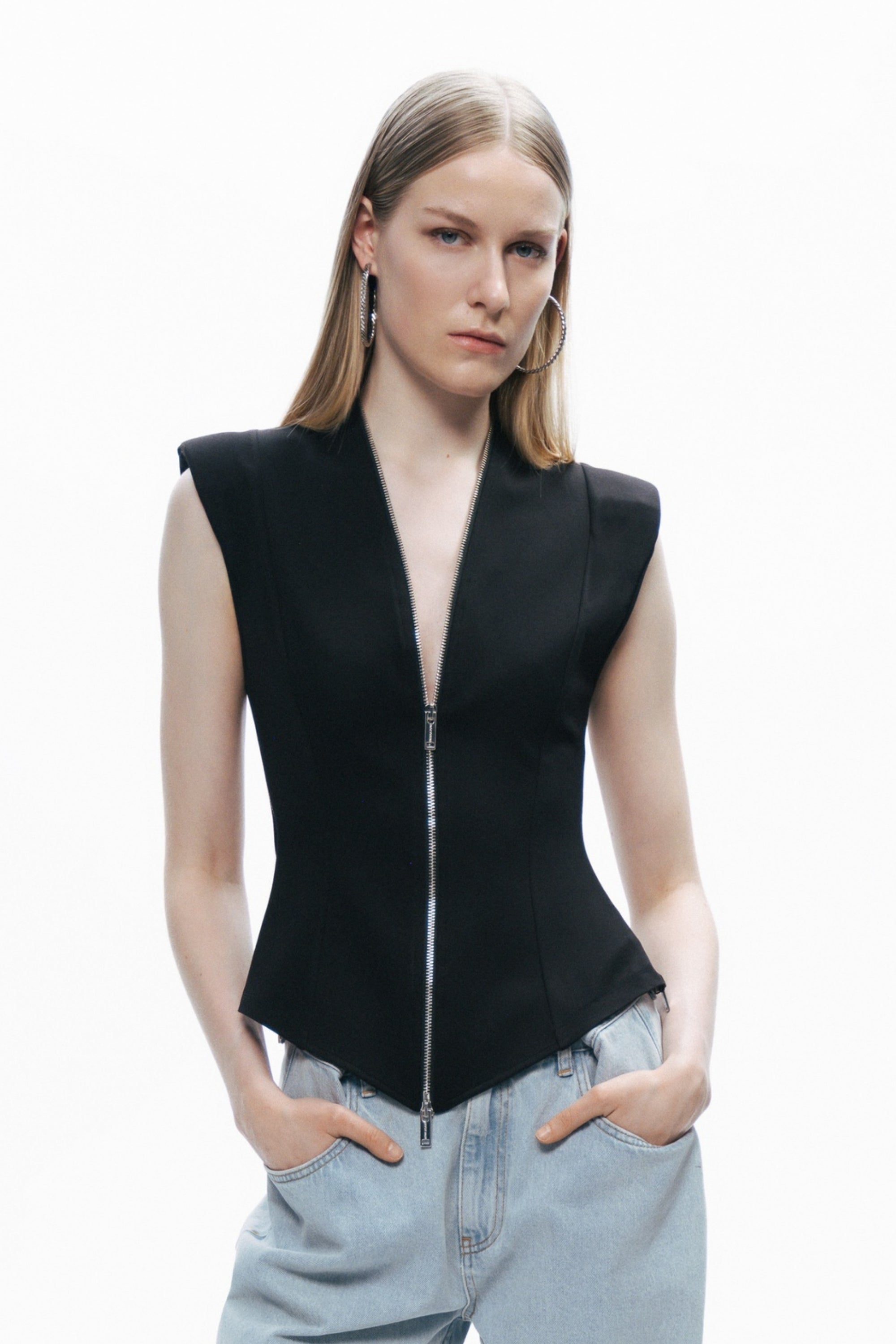 Black Zipper Design Woven Blouse