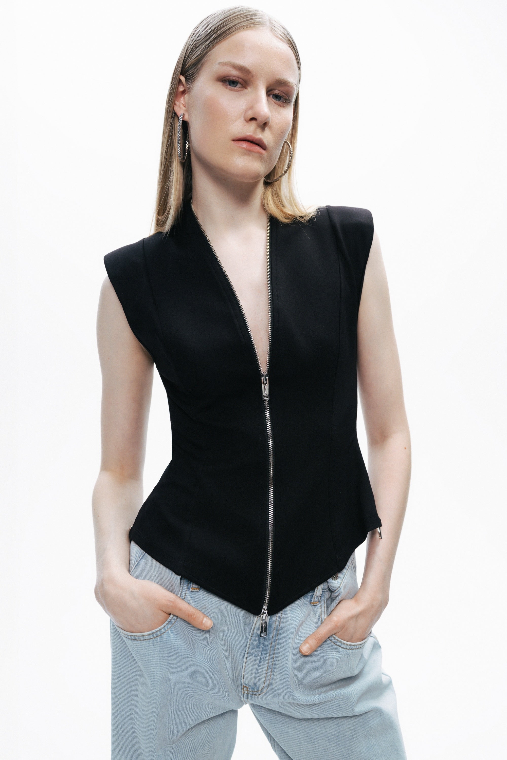 Black Zipper Design Woven Blouse