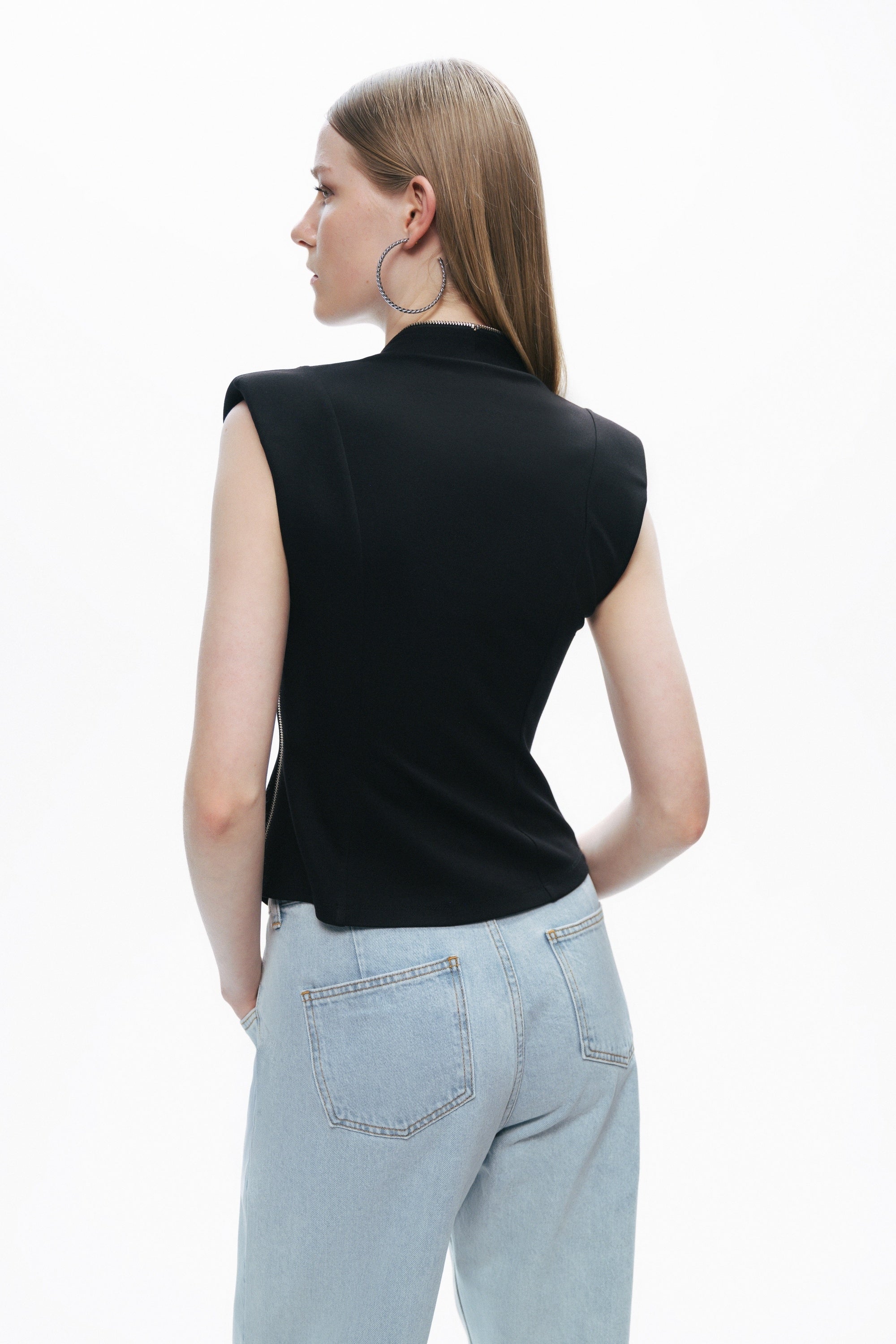 Black Zipper Design Woven Blouse