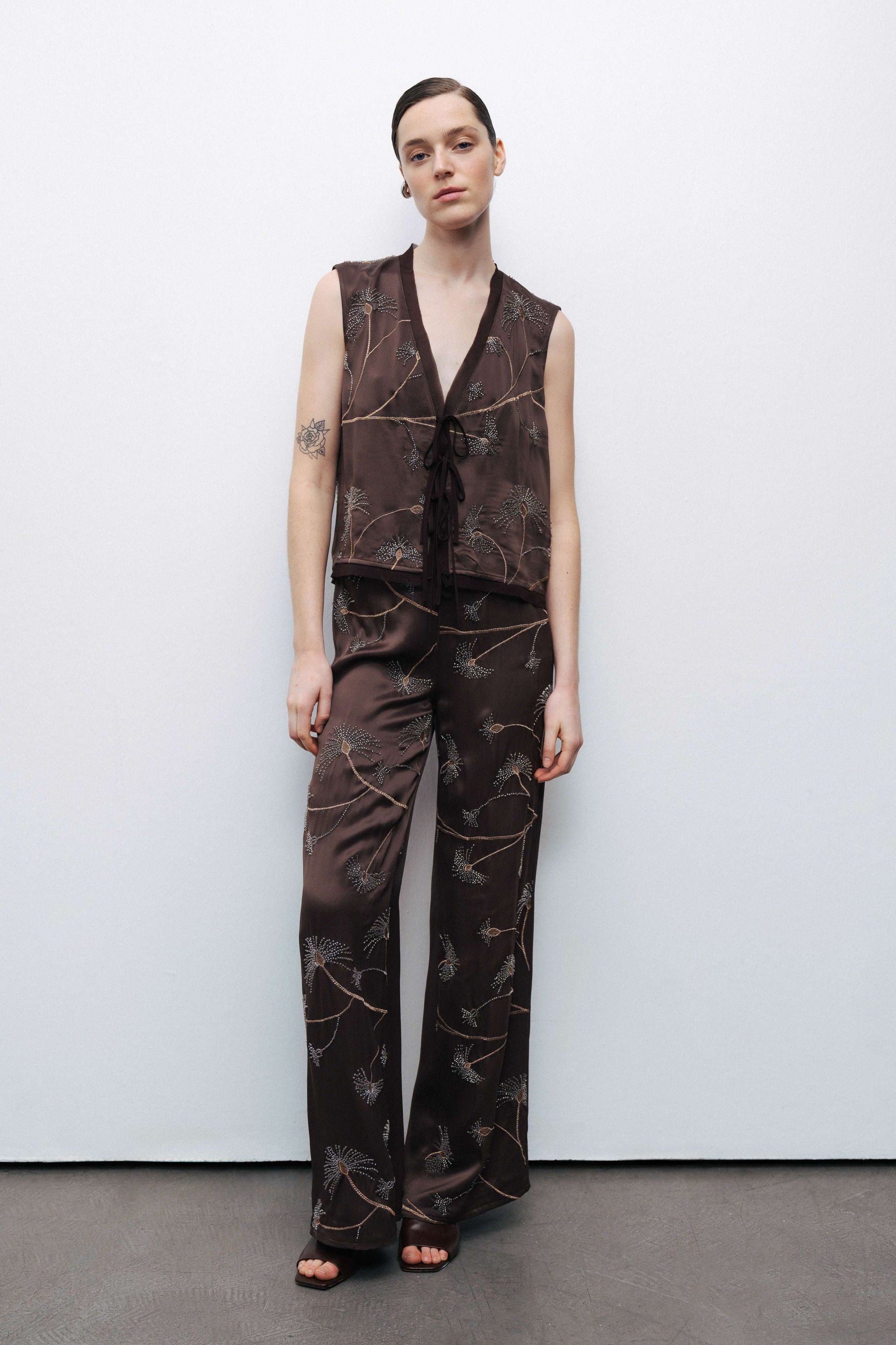 Coffee Beaded Tie-Front Vest