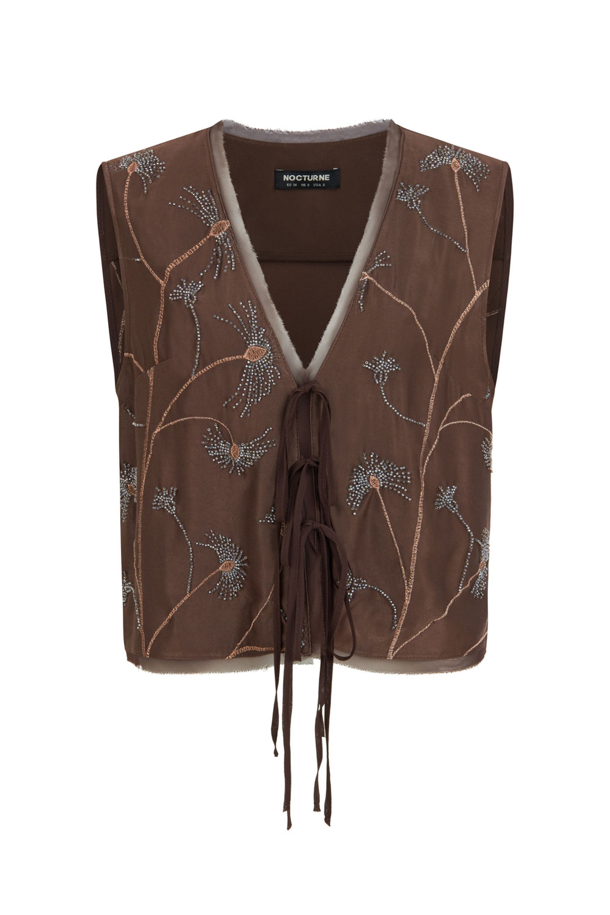 Coffee Beaded Tie-Front Vest