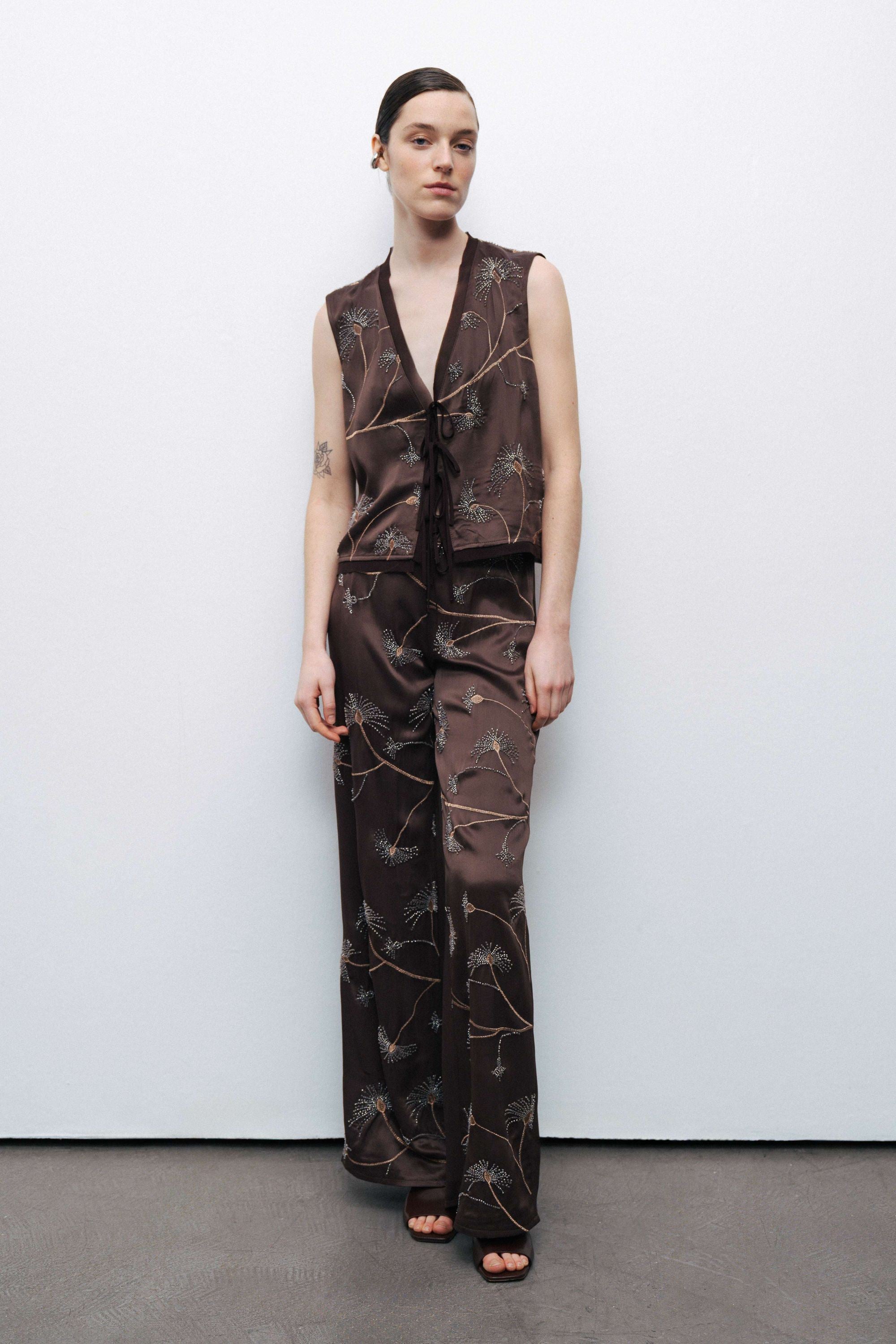 Coffee Beaded Tie-Front Vest