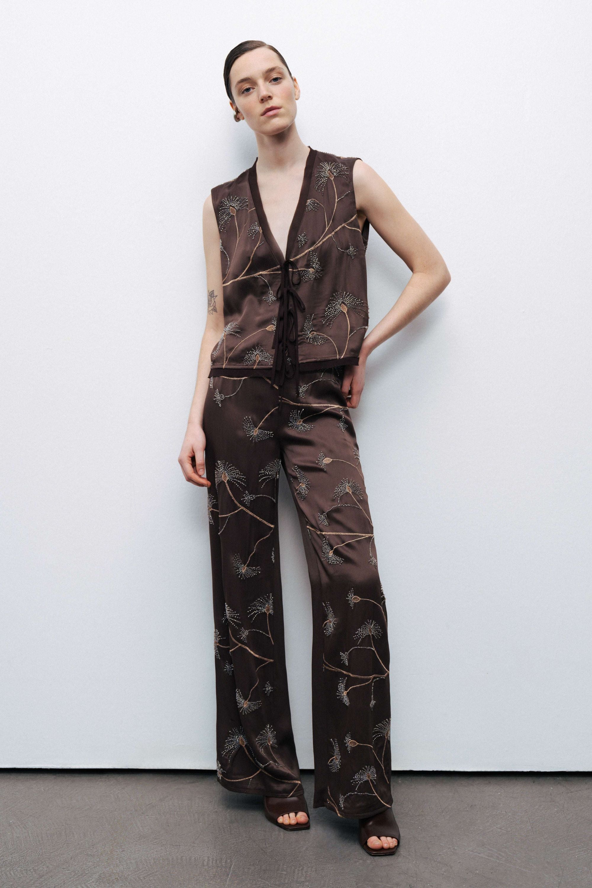 Coffee Beaded Tie-Front Vest