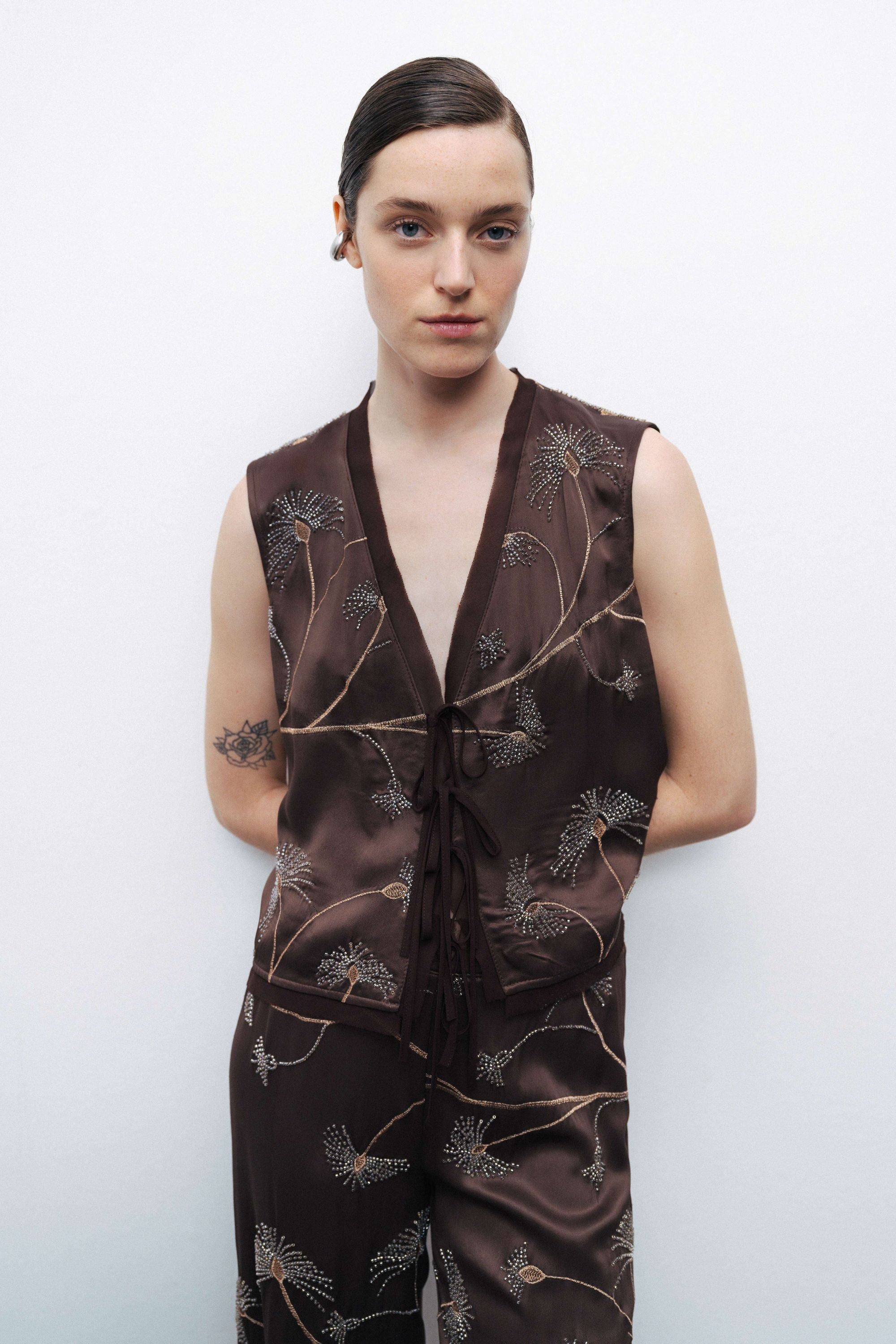 Coffee Beaded Tie-Front Vest