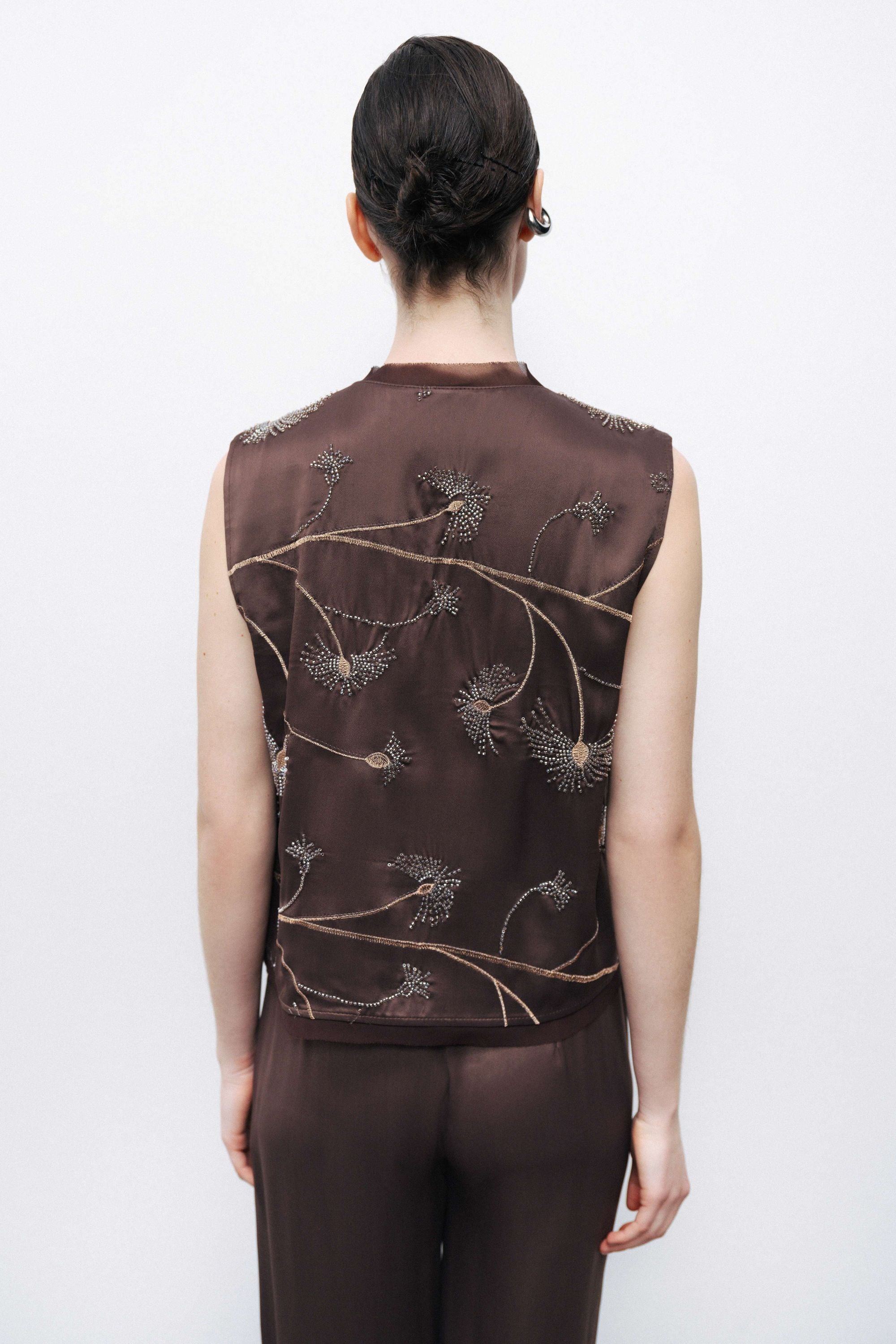 Coffee Beaded Tie-Front Vest