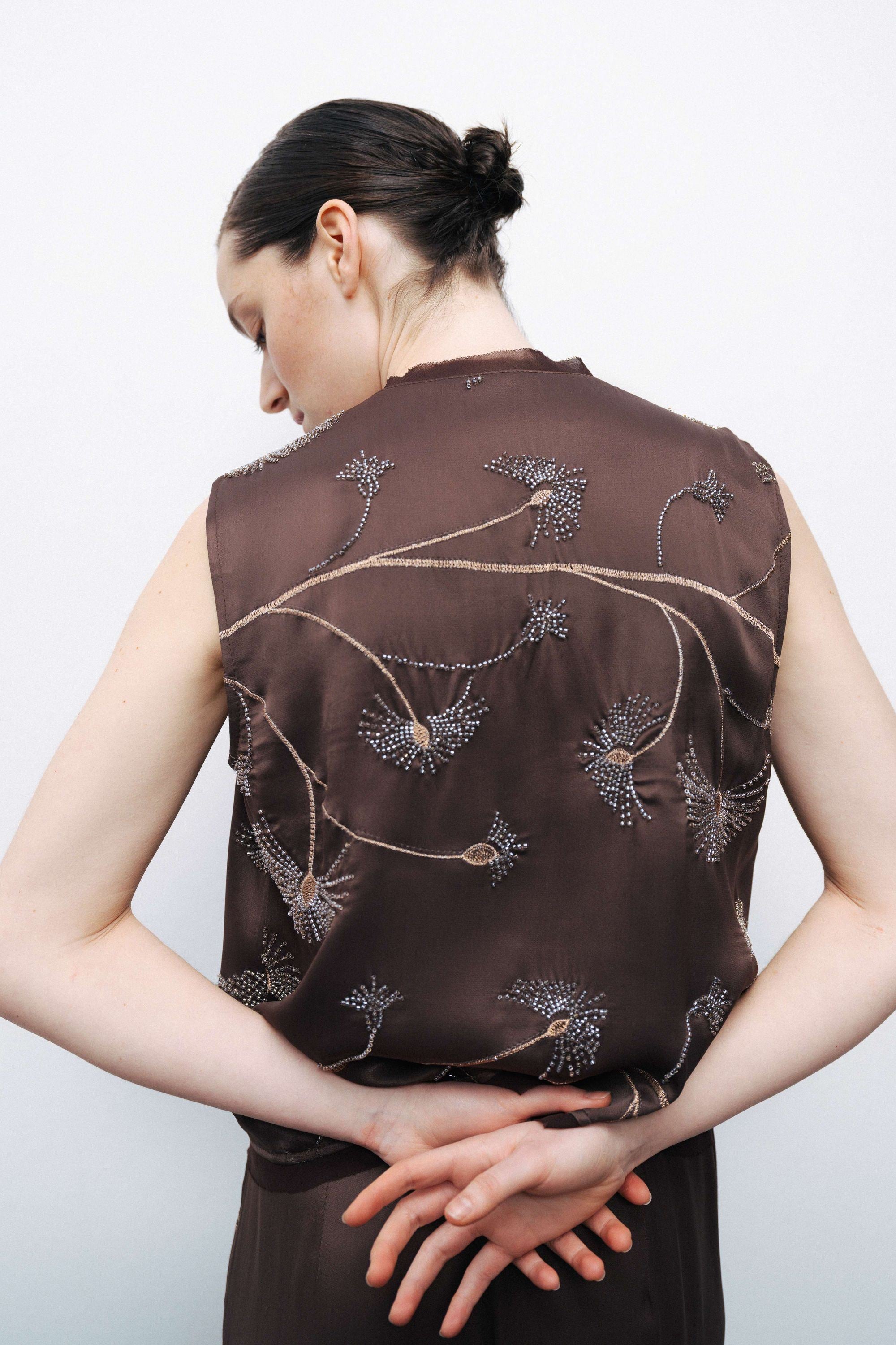 Coffee Beaded Tie-Front Vest