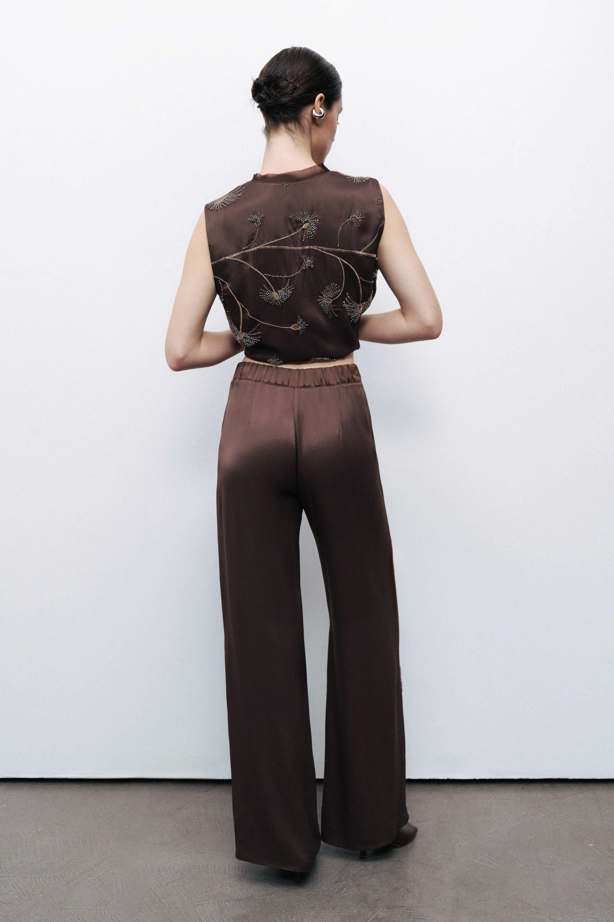 Coffee Beaded Tie-Front Vest