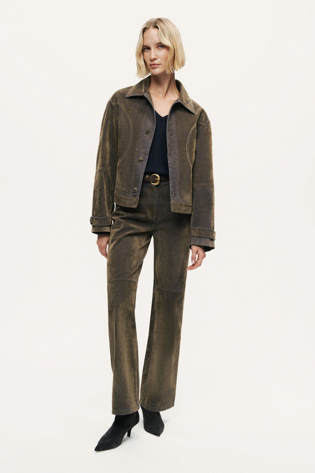 Suede Panel Straight-Leg Pants