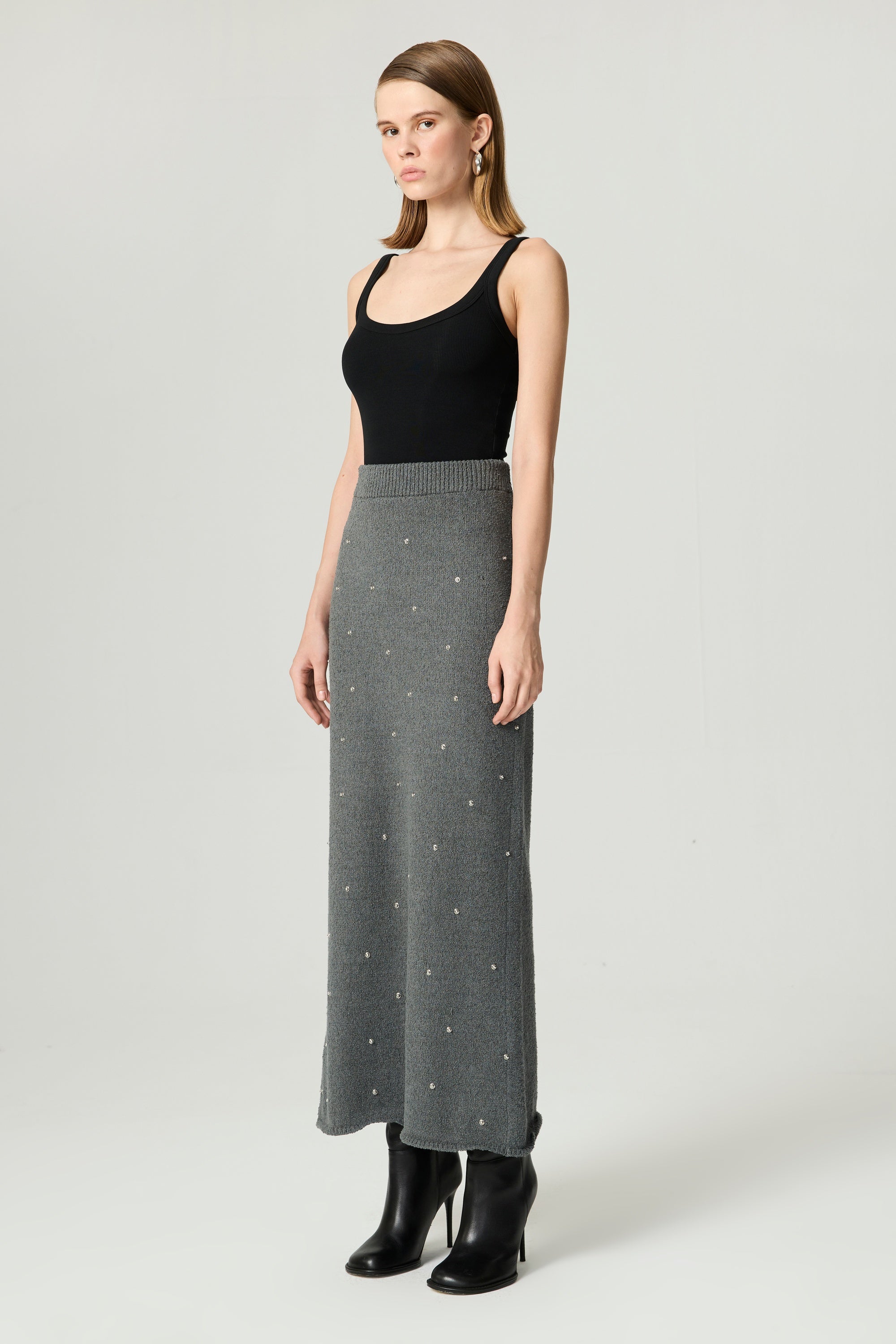 Embellished Ribbed Knit Maxi Skirt