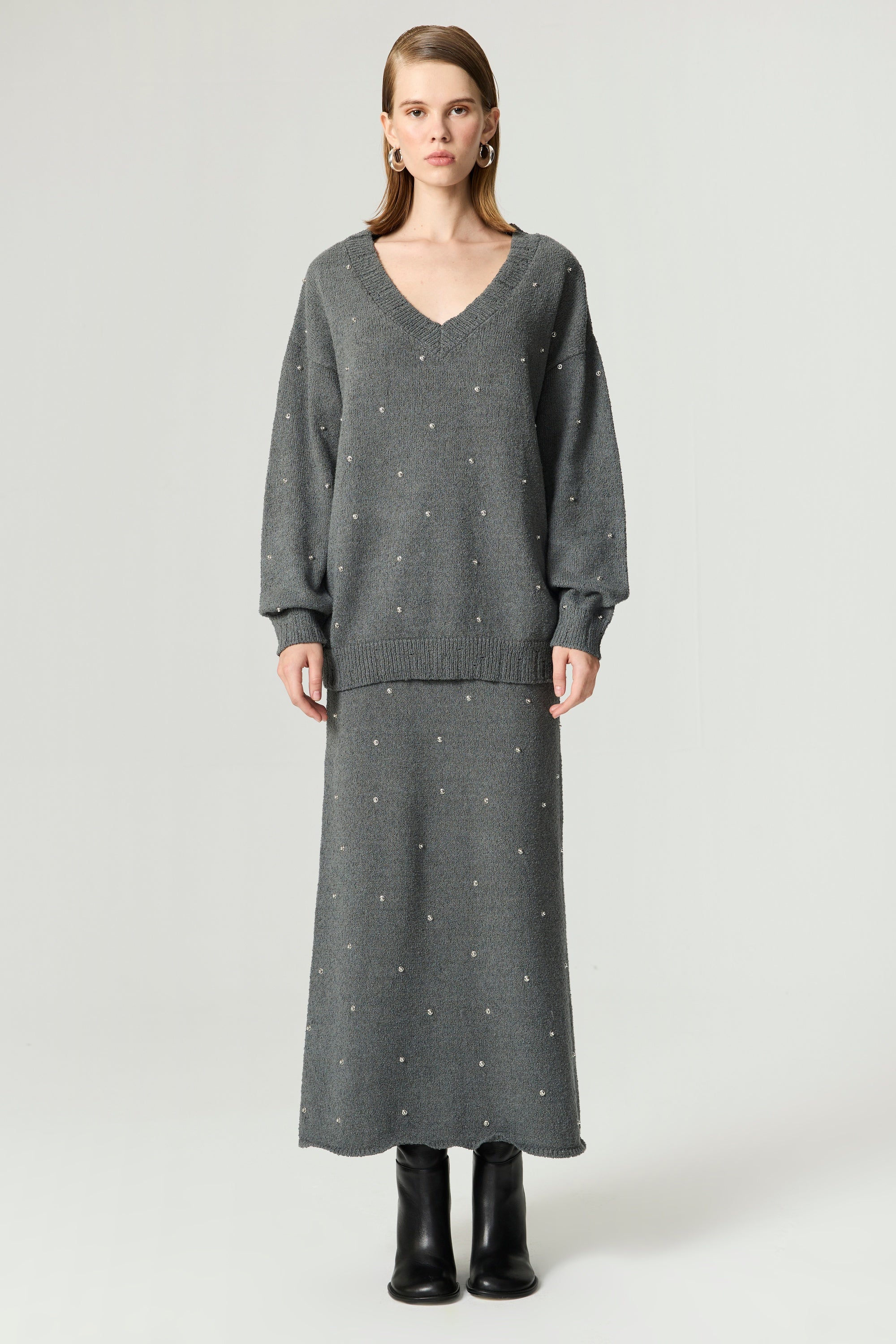 Embellished V-Neck Knit Sweater