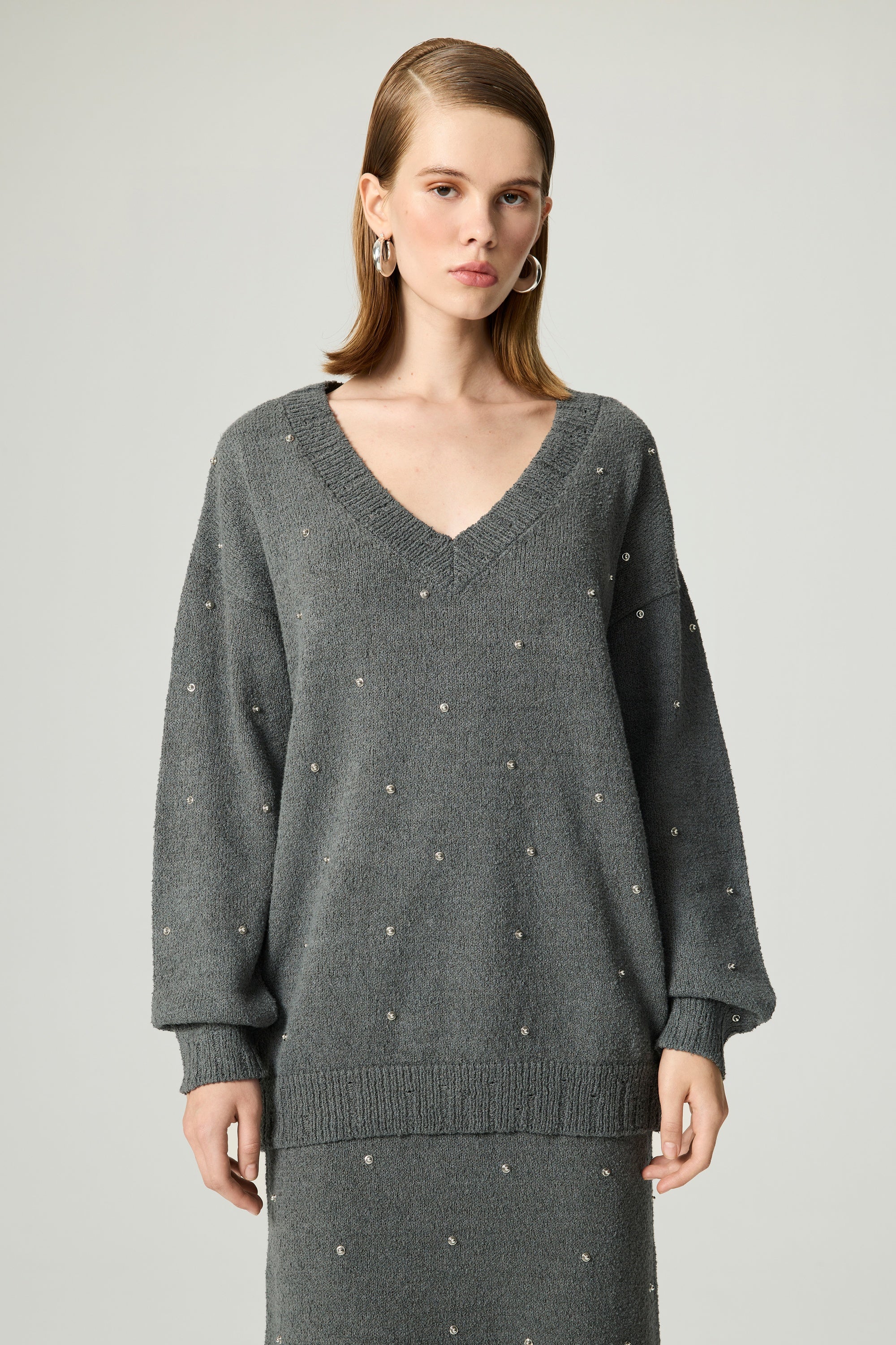 Embellished V-Neck Knit Sweater