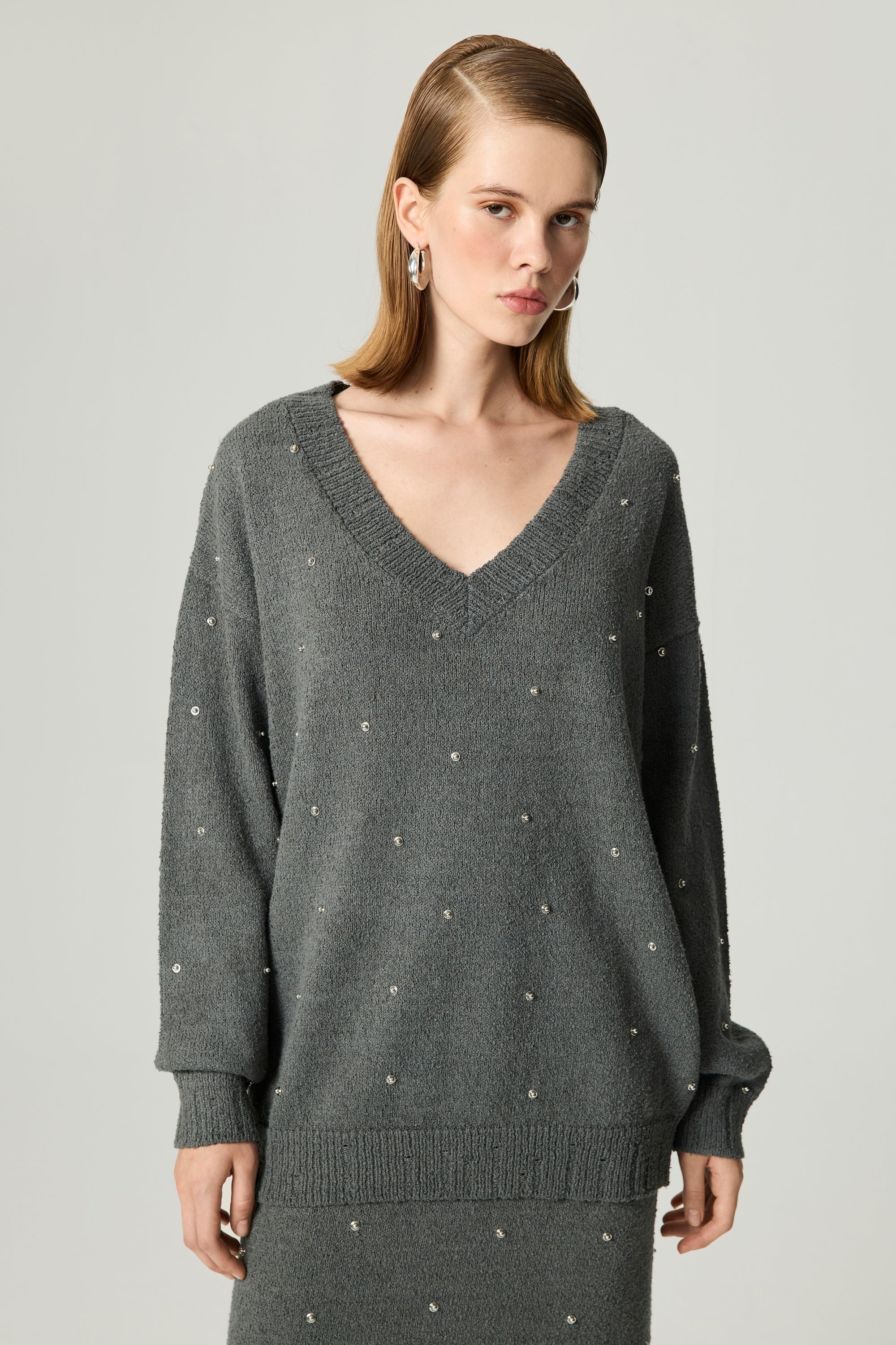 Embellished V-Neck Knit Sweater