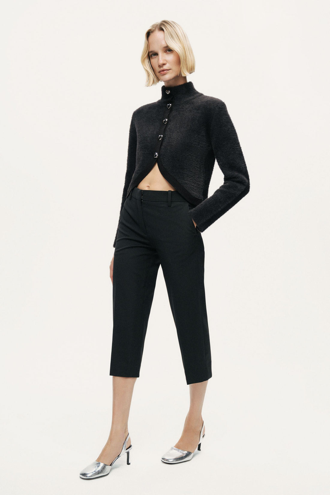 Heart-Button Cutaway Mock-Neck Cardigan