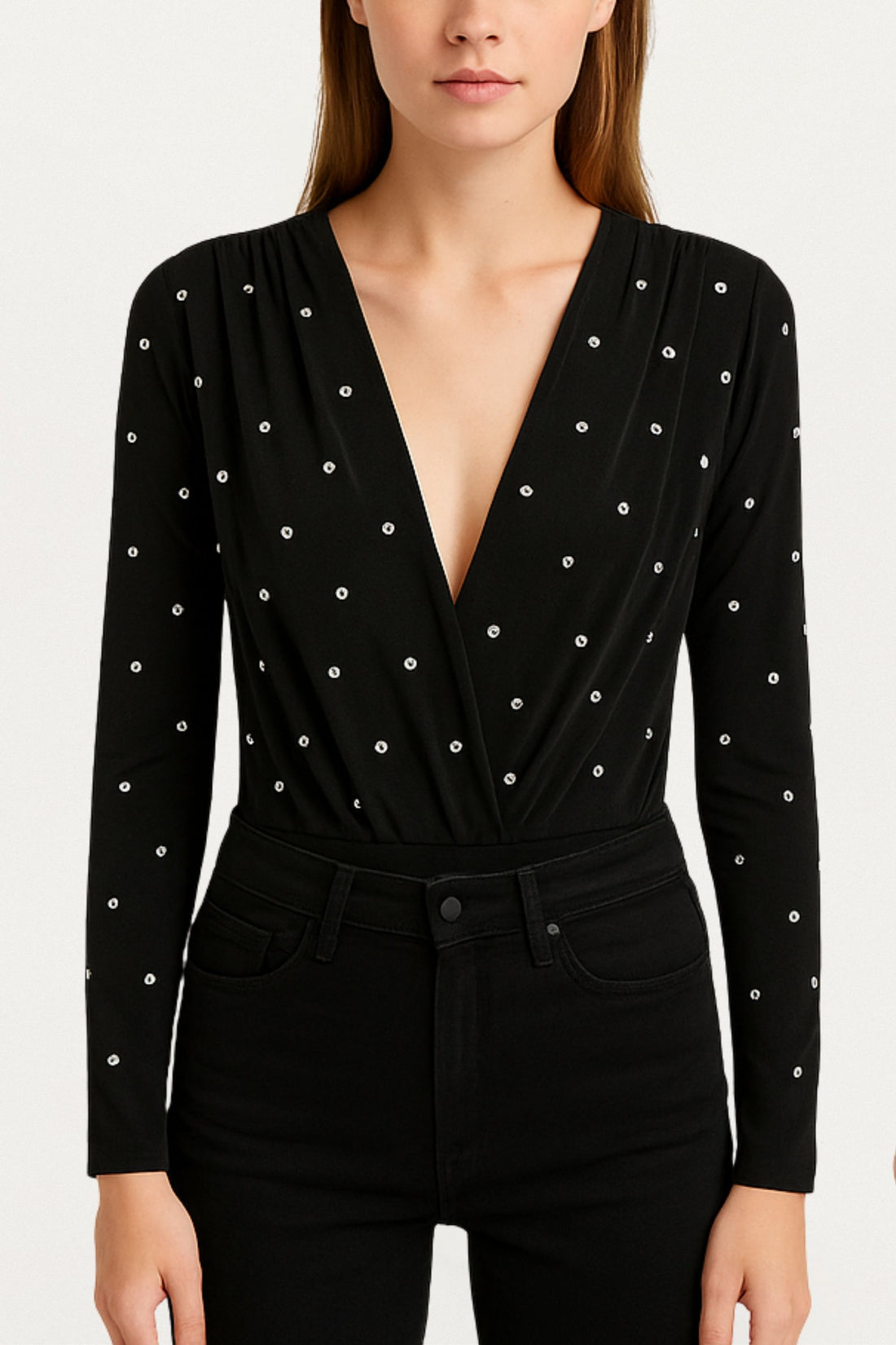 Black Embellished V-Neck Long-Sleeve Bodysuit