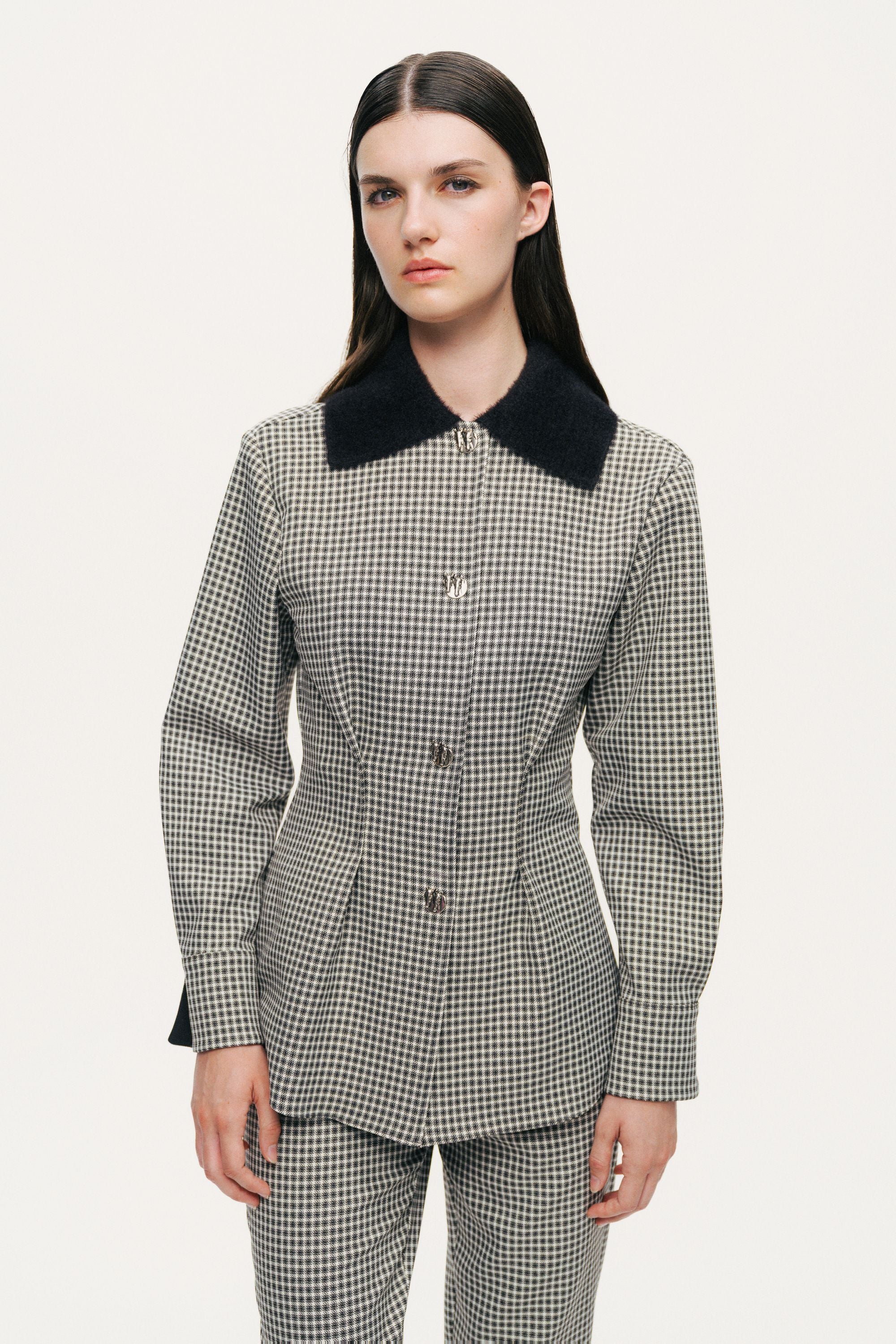 Corset-Back Checked Sculpted Shirt