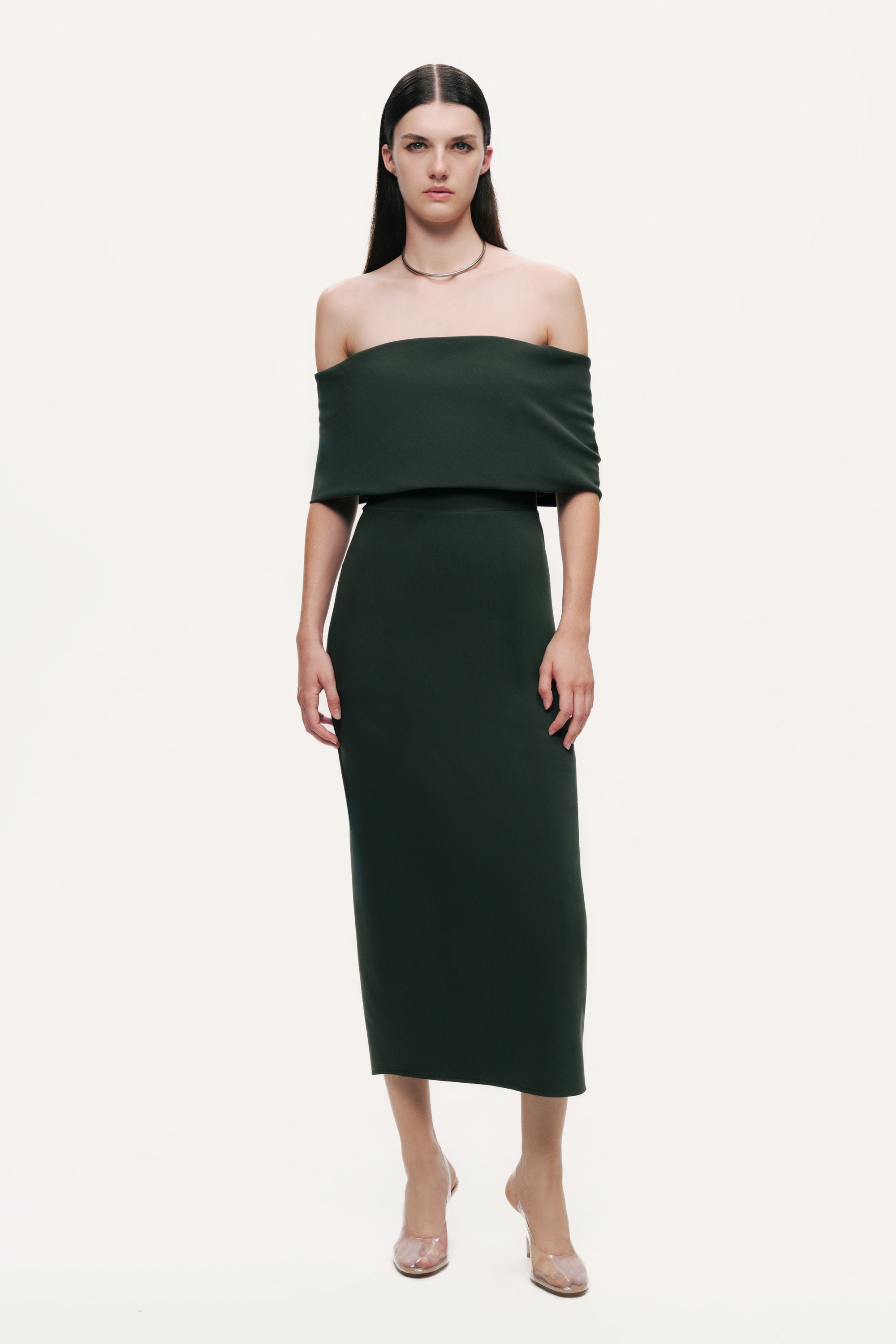 Off-Shoulder Foldover Column Midi Dress