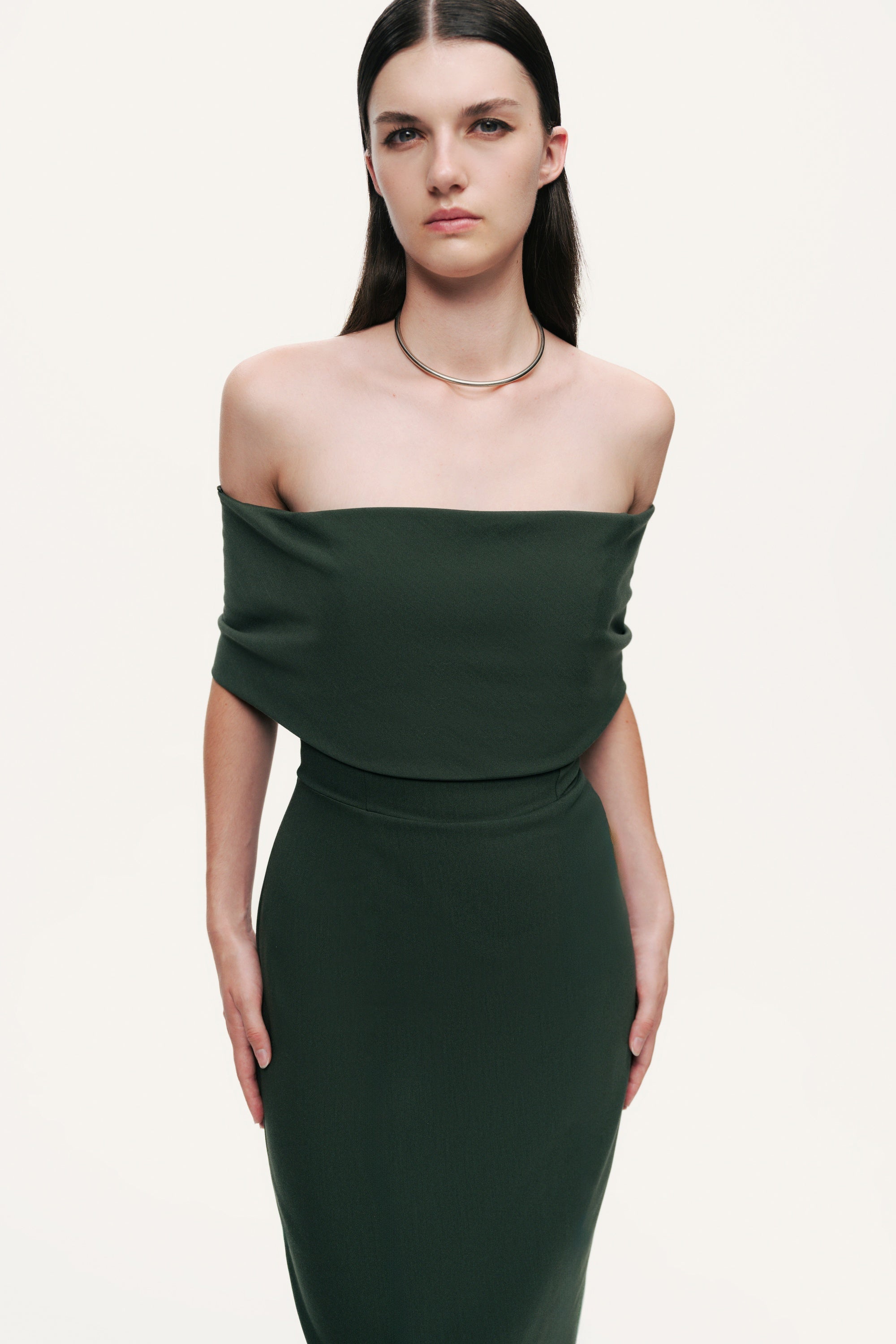 Off-Shoulder Foldover Column Midi Dress